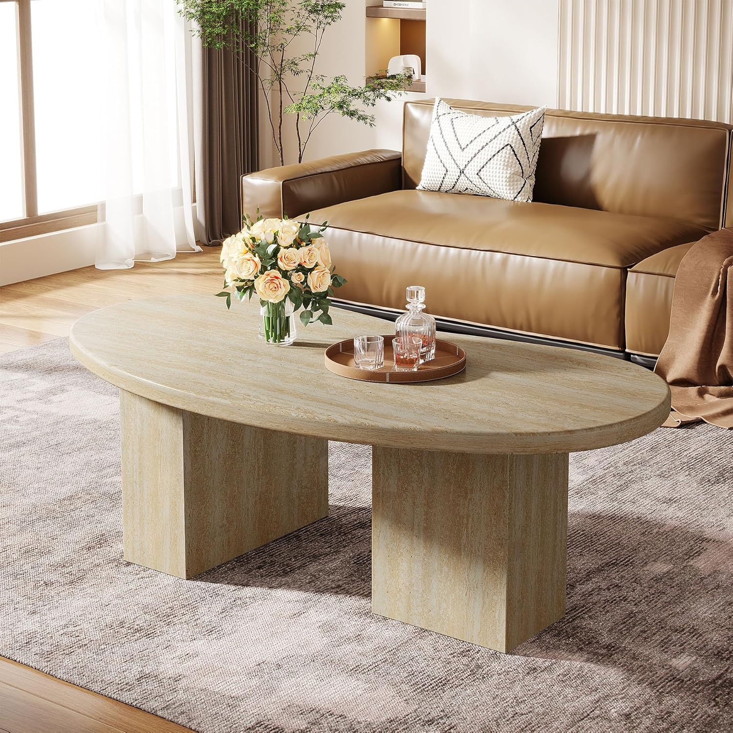 45.28" Oval Oak Coffee Table - Large Asymmetric Pedestal Cocktail Table in Engineered Wood for Living Room