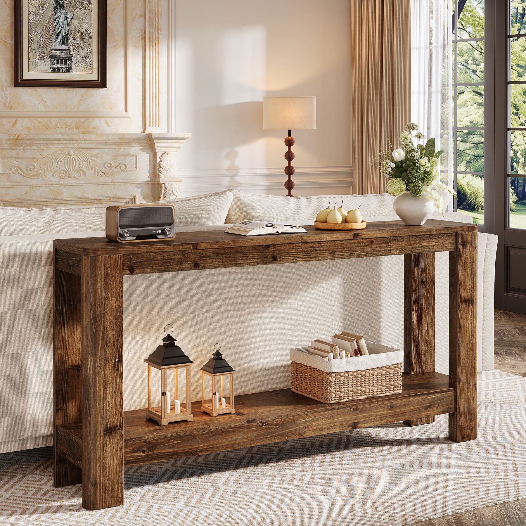 63" Console Table, Solid Wood Farmhouse Sofa Table with 2-Tier Storage