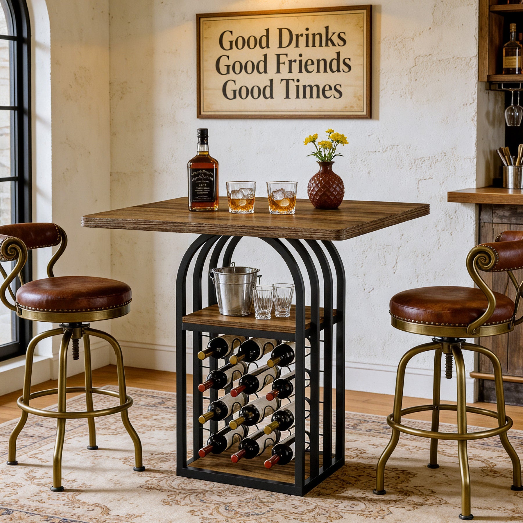 Tribesigns 35.43-Inch Square Bistro Pub Table with Wine Rack, Home Bar Table for Kitchen and Living Room