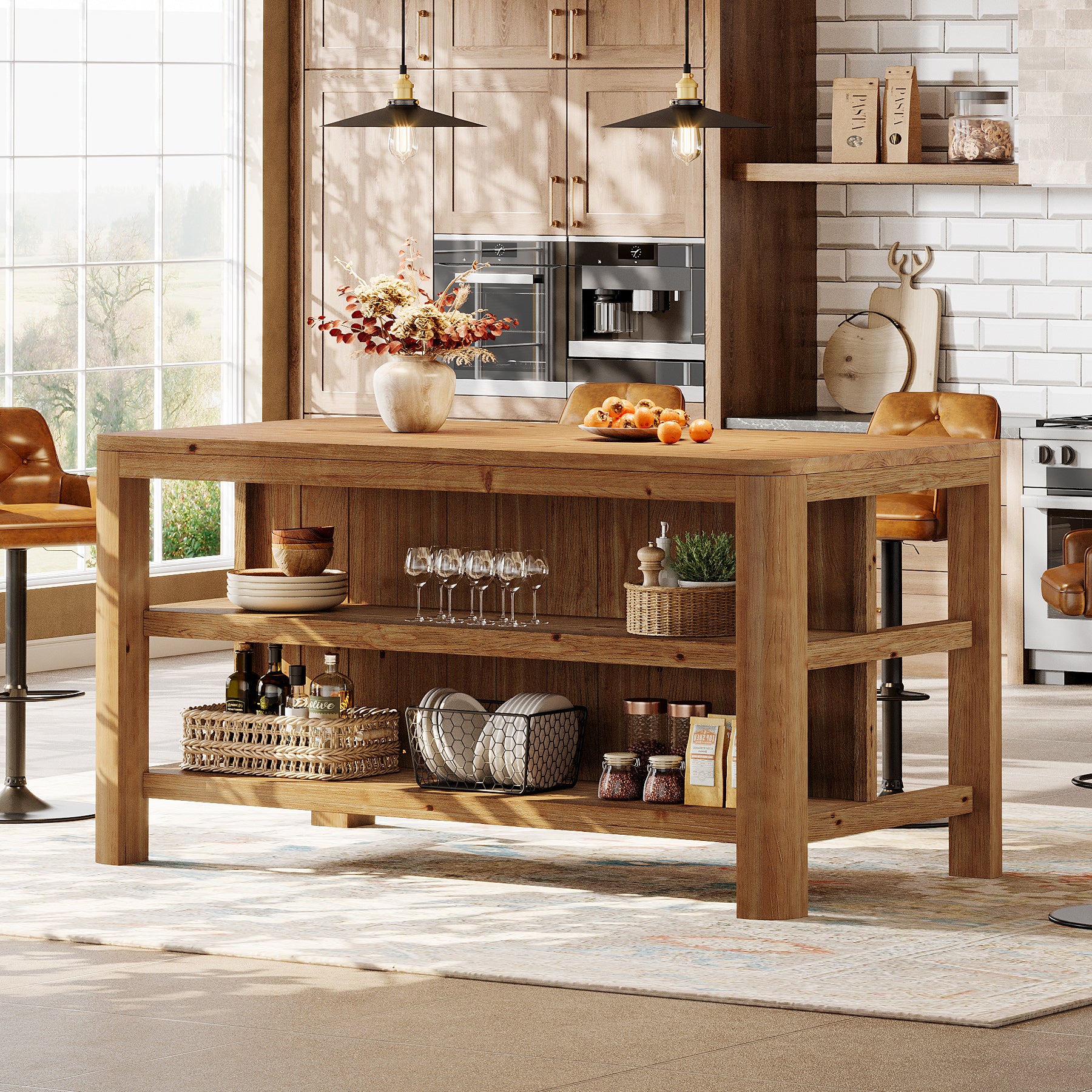 Tribesigns 63-Inch Farmhouse Kitchen Island, Solid Wood Island Table with Open Storage Shelves