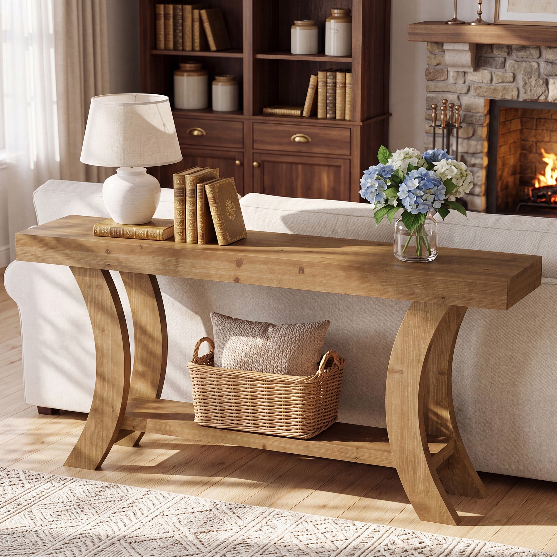 Tribesigns 63 Inch Solid Wood Console Table with Shelf, Arched Farmhouse Entryway and Sofa Table