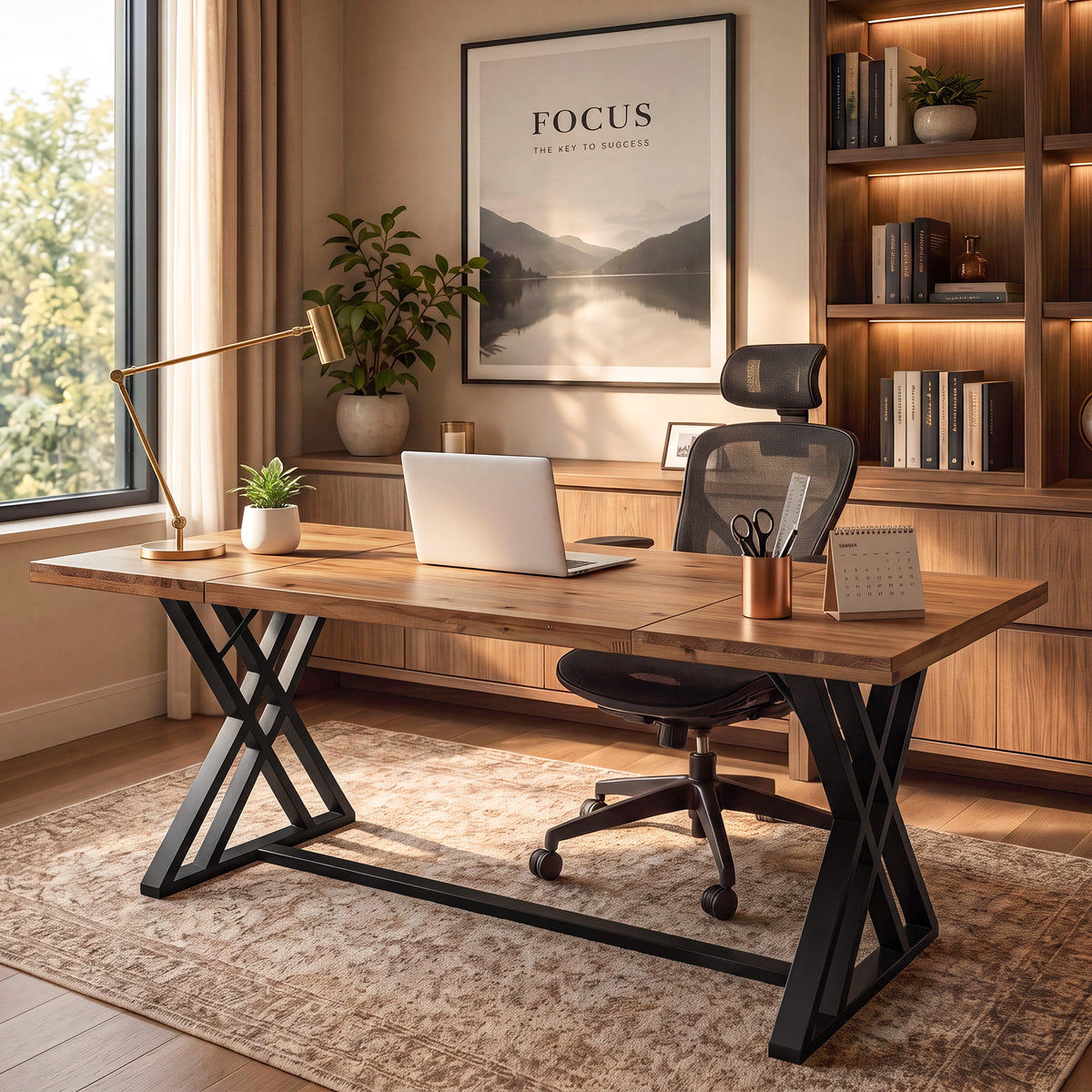 Tribesigns 63 Inch Solid Wood Computer Desk with X-Shaped Metal Legs, Farmhouse Home Office Desk