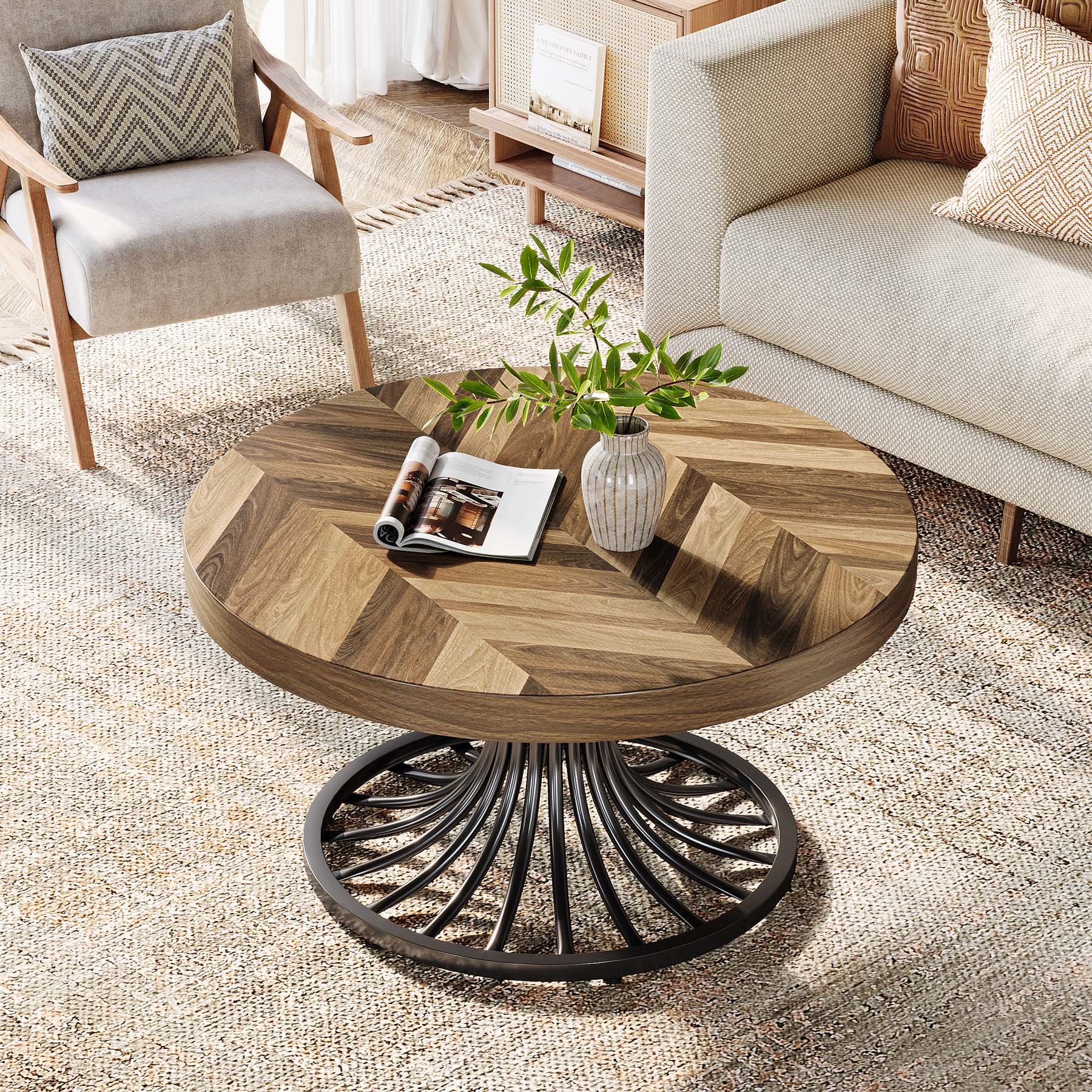 31.5-Inch Round Wood Coffee Table, Farmhouse Circle Table with Metal Pedestal for Living Room
