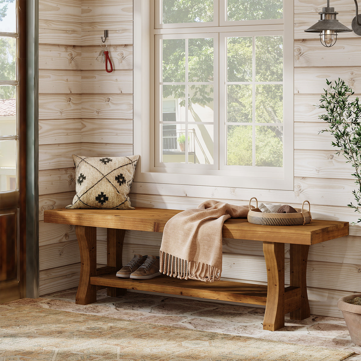 55.1 Inch Solid Wood Hallway Bench with Storage Shelf, Farmhouse Shoe Bench for Entryway