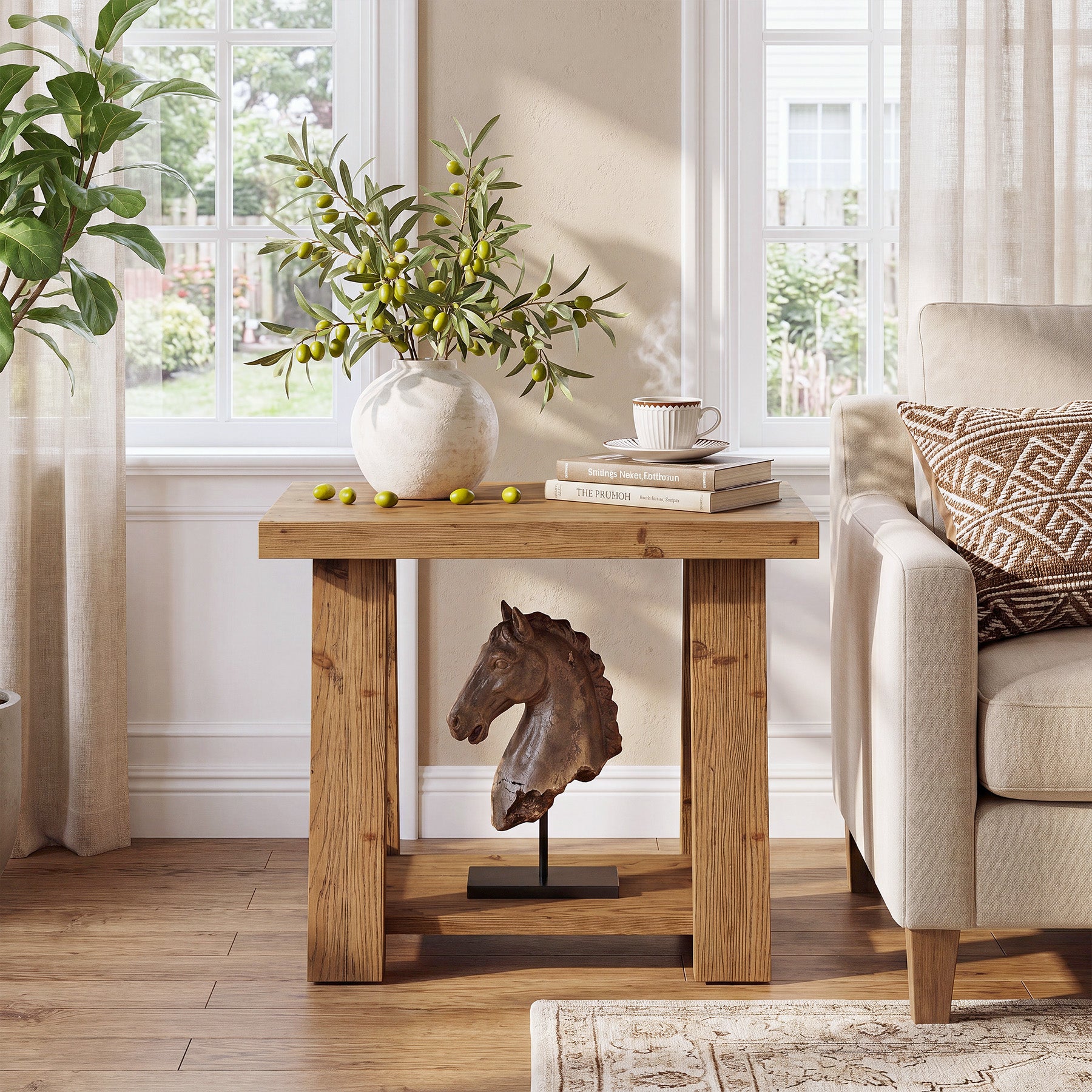23.62 Inch Solid Wood End Table with 2-Tier Storage Shelves, Farmhouse Side Table for Living Room