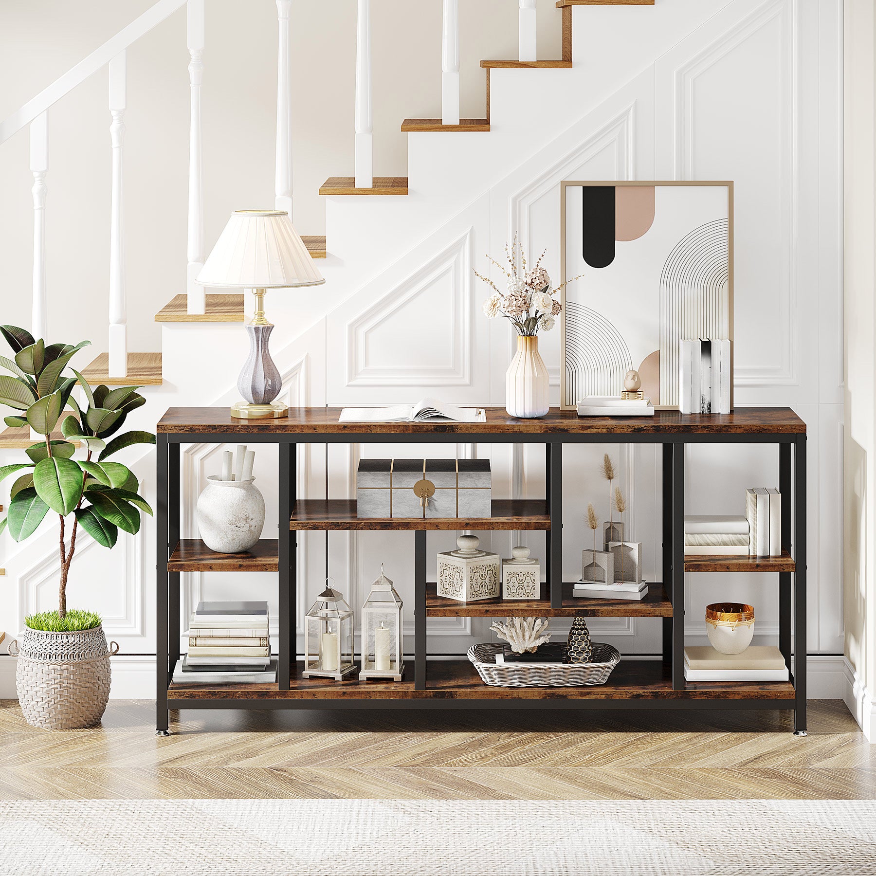 Tribesigns 70.9-Inch Extra Long Console Table with 3-Tier Storage Shelves, Industrial Narrow Sofa Table for Entryway
