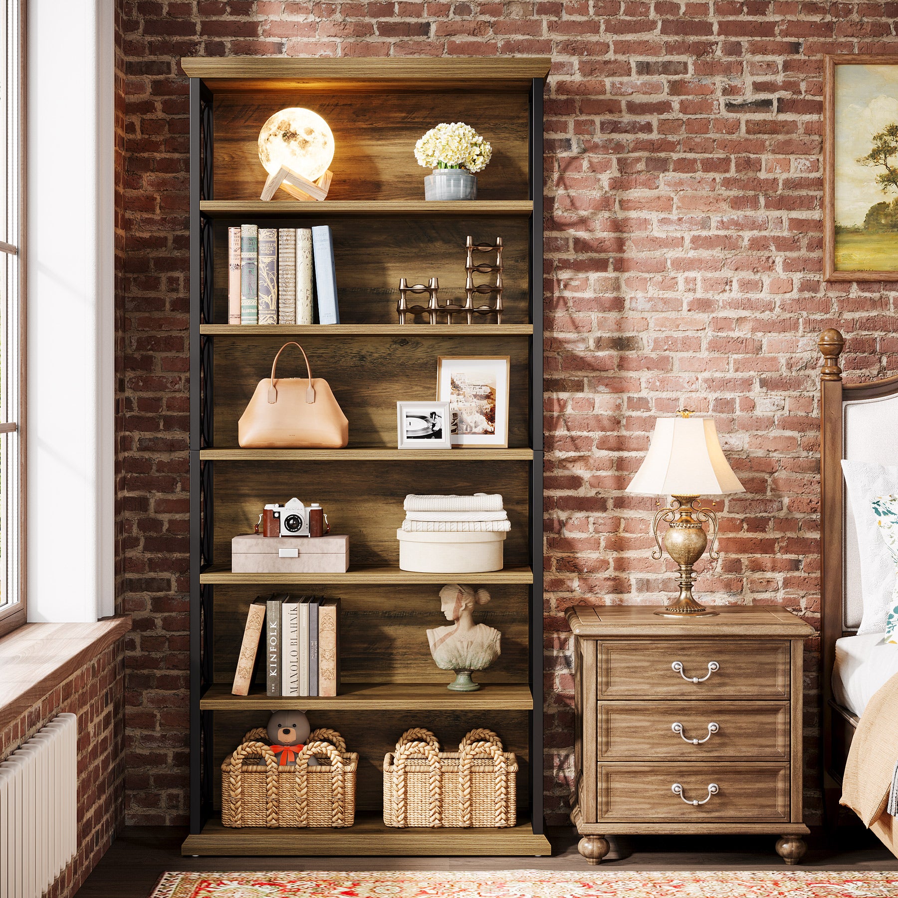 72.83-Inch Industrial Bookshelf with 320 lb Capacity, 6-Tier Wood and Metal Bookcase for Home Office
