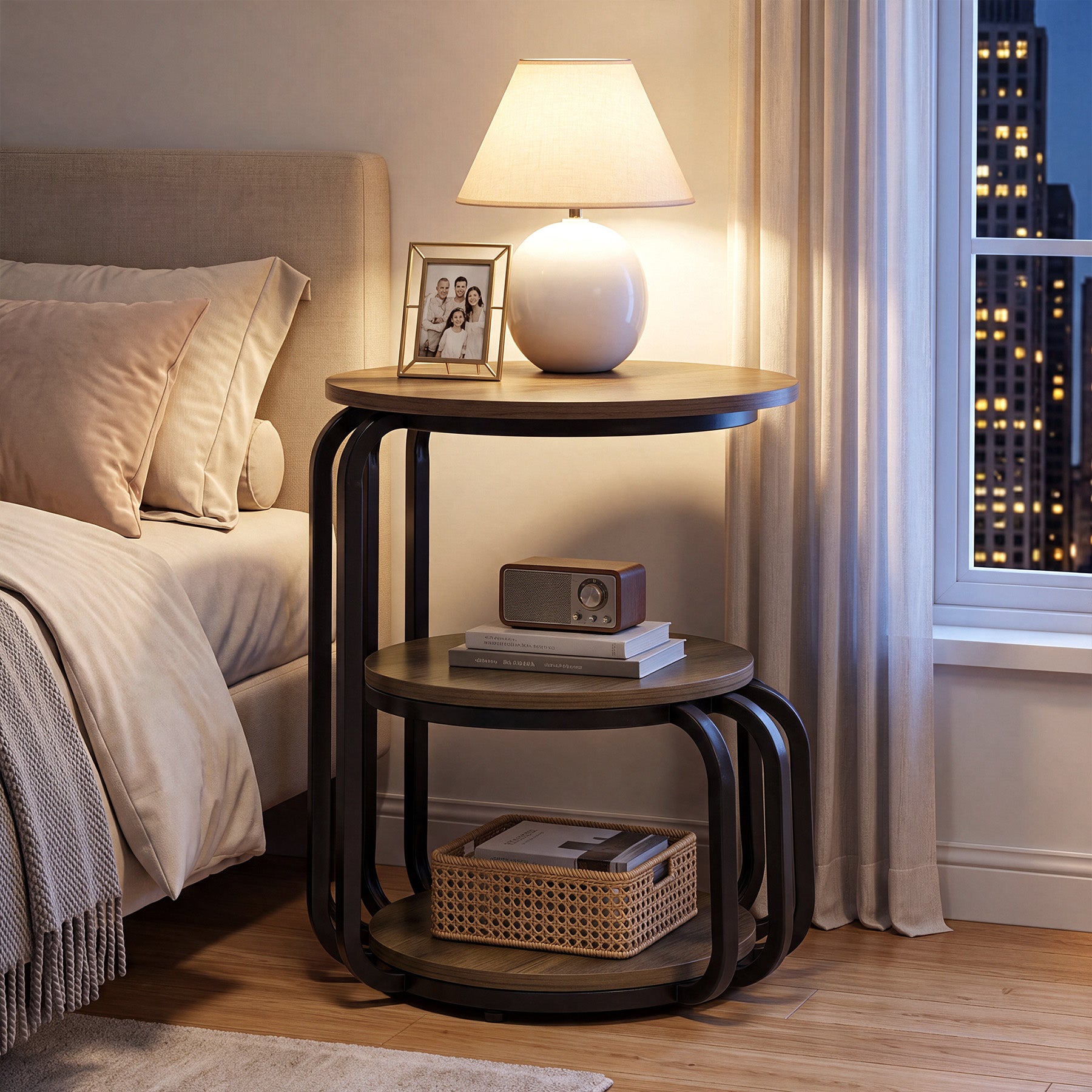 19.69 Inch Round Nightstand, 3 Tier Industrial Side Table with Storage for Bedroom