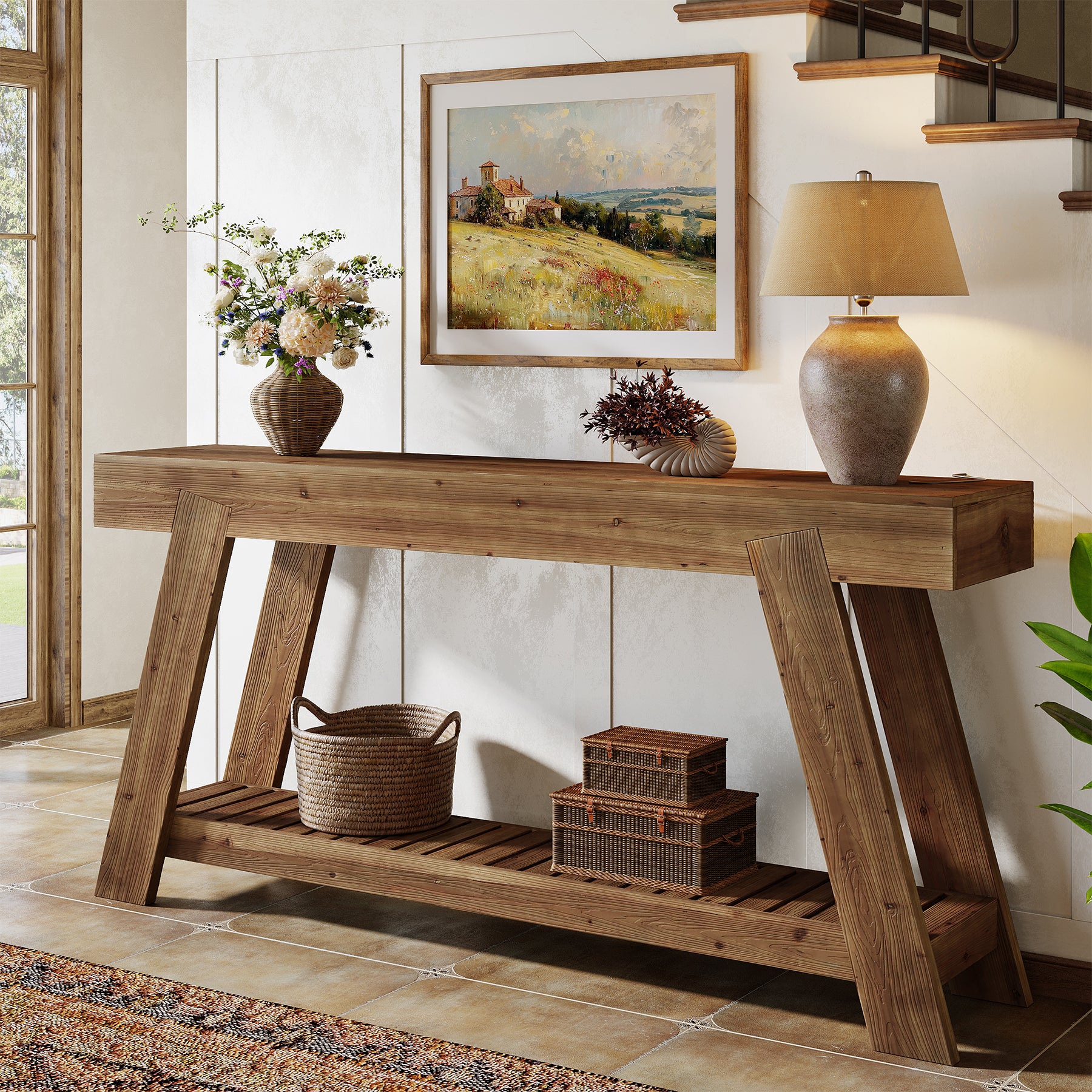 63" Solid Wood Console Table, Farmhouse Narrow Sofa Table for Entryway Hallway and Living Room in Classic Brown