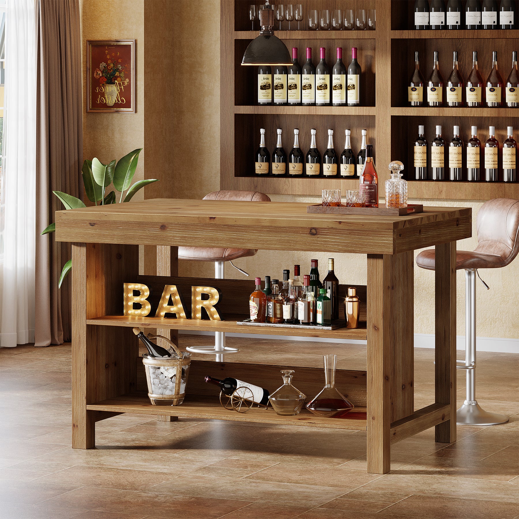 Tribesigns 55-Inch Solid Wood Bar Table with 3-Tier Open Storage Shelves, Farmhouse Counter Height Pub Table