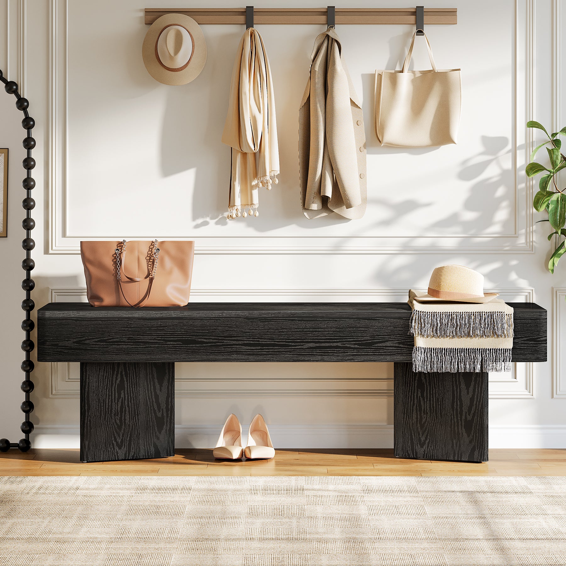 47.24-Inch Modern Indoor Bench with Black Finish and Rounded Edges，Modern Wooden Bench for Entryway