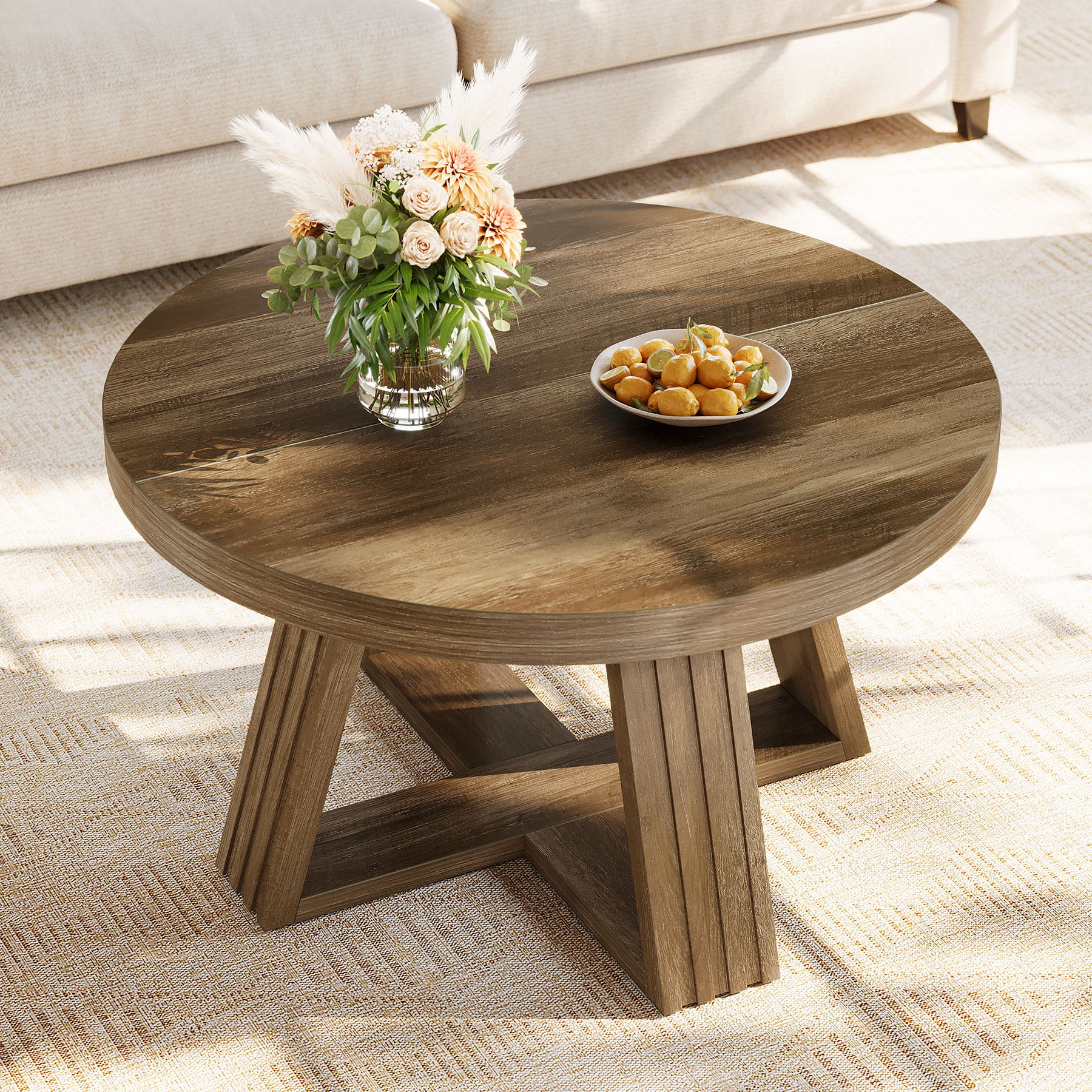 31.5-Inch Round Coffee Table with Thick MDF Tabletop and Cross Base, Rustic Farmhouse Center Table for Living Room