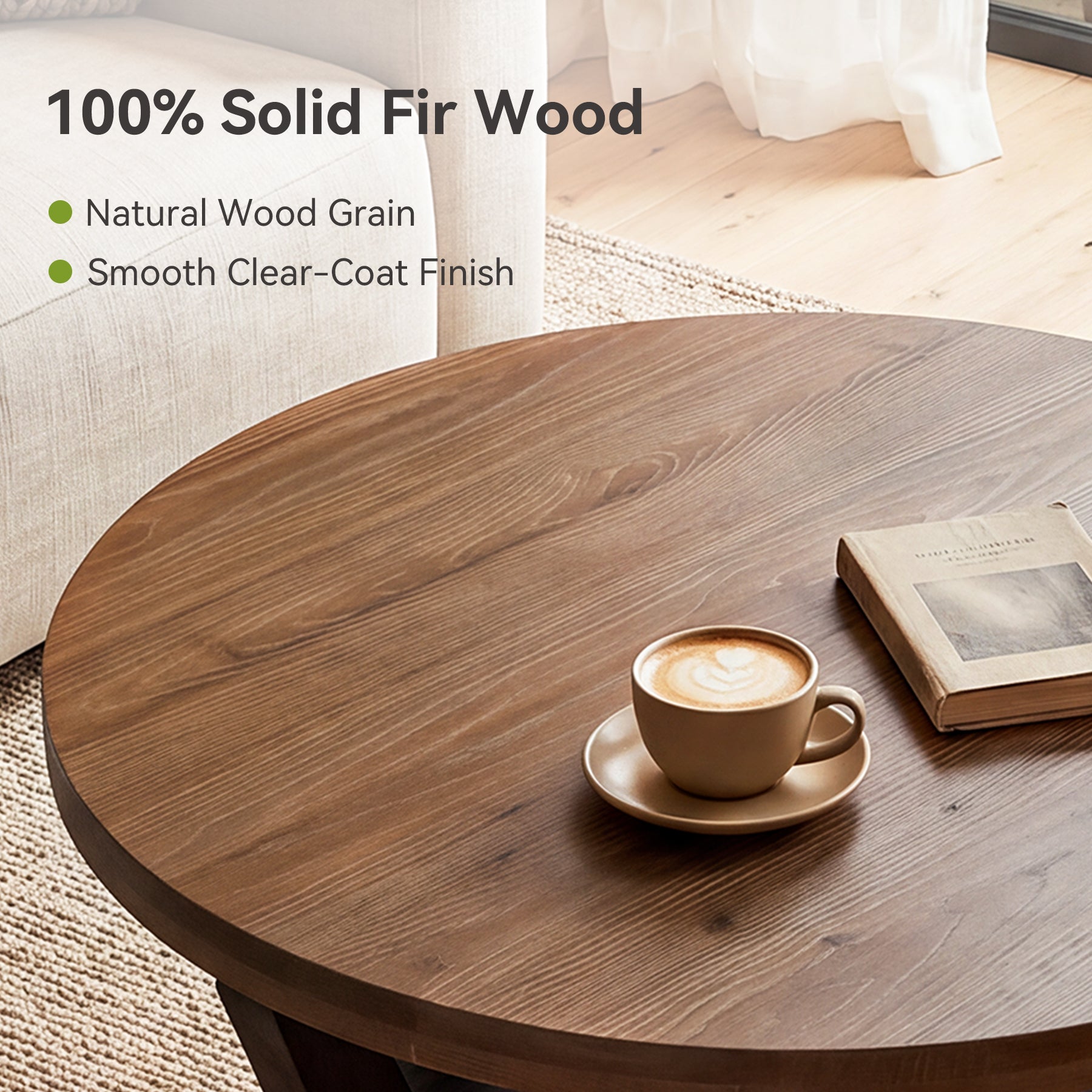 Tribesigns 31.5-Inch Solid Fir Wood Coffee Table with 2-Tier Storage, Round Table for Living Room