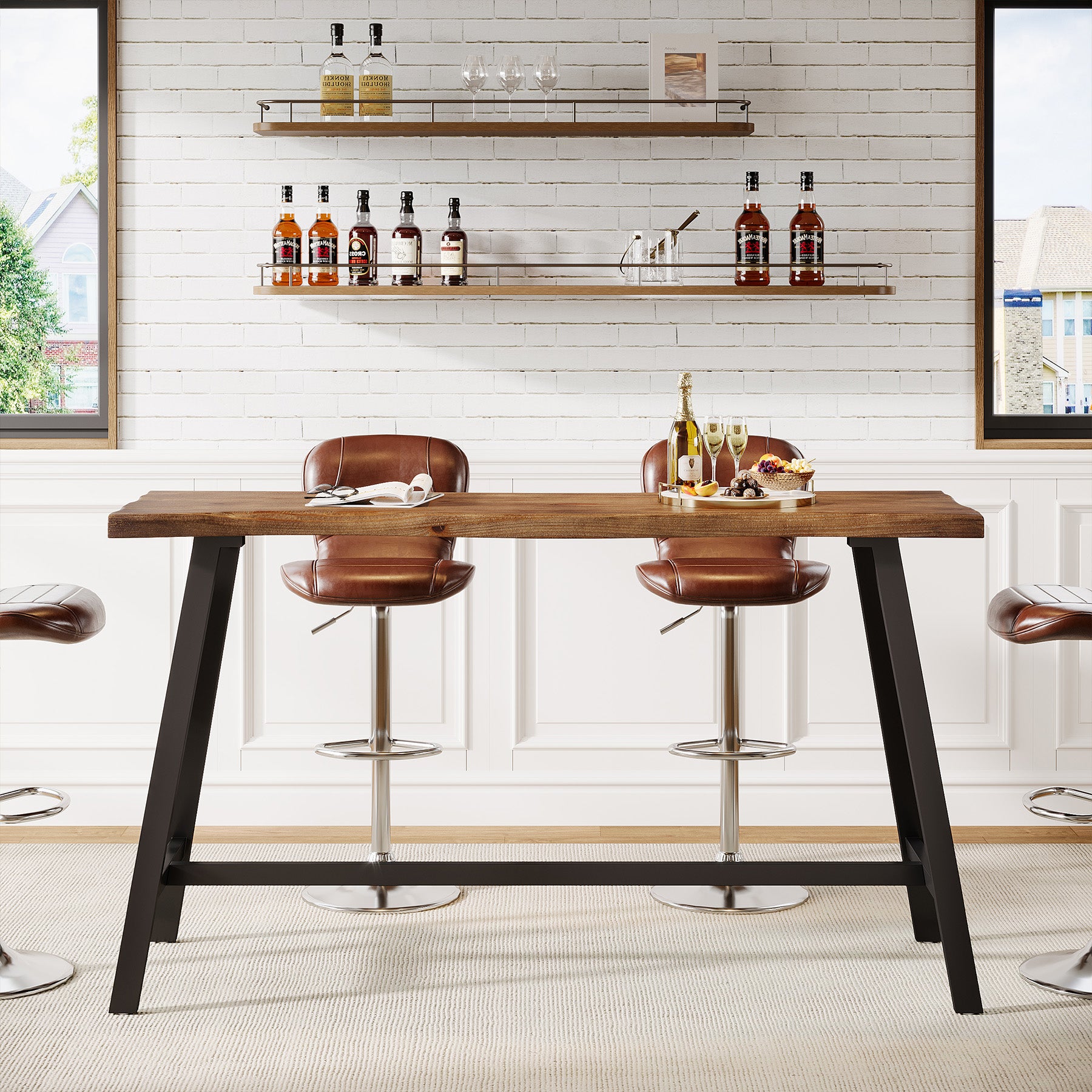55 Inch Solid Wood Bar Table with Metal Frame and Footrest, Industrial Counter Height Pub Table for Kitchen
