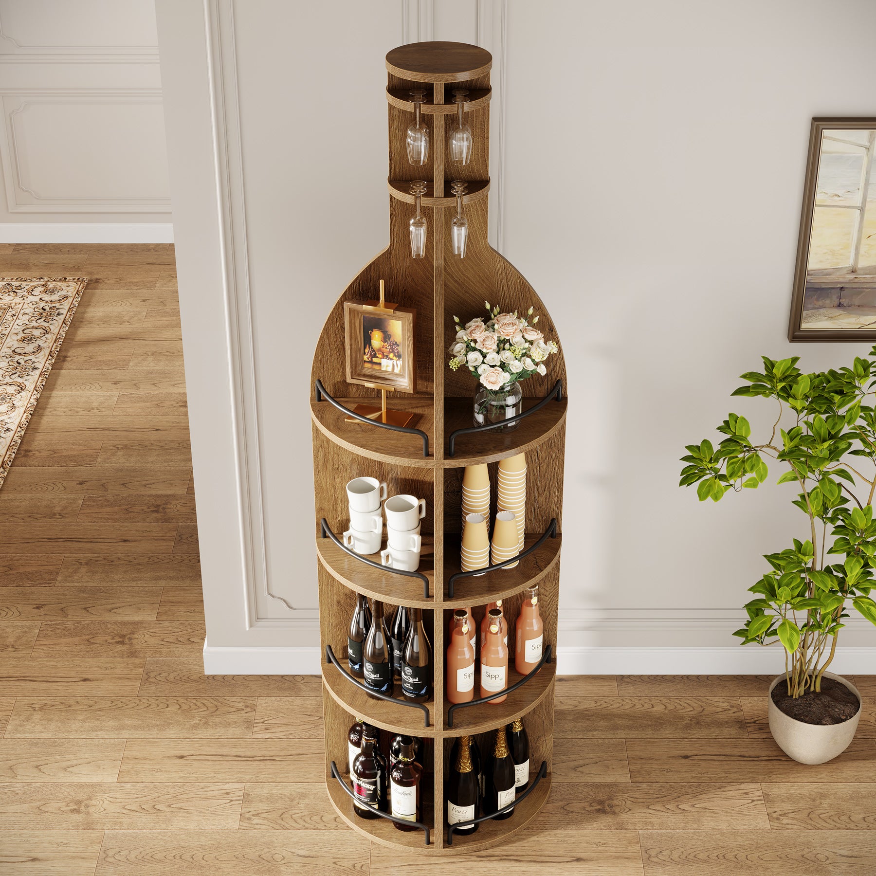 Tribesigns 74.8 Inch Tall Round Wine Rack with Storage Shelves and Glass Holder, Freestanding Wine Bar Cabinet for Home Bar