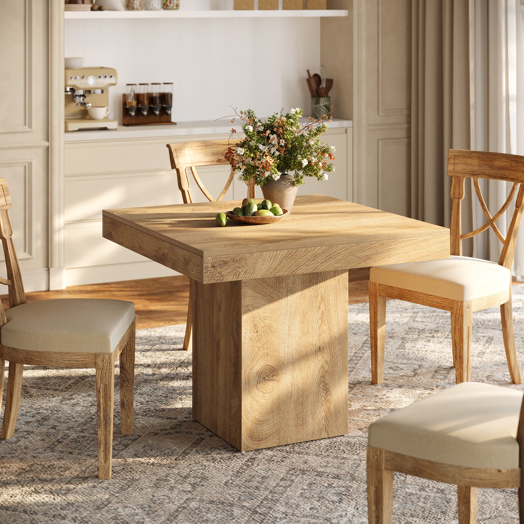 39" Square Farmhouse Dining Table, Solid Wood Kitchen Table with Pedestal Base for 4