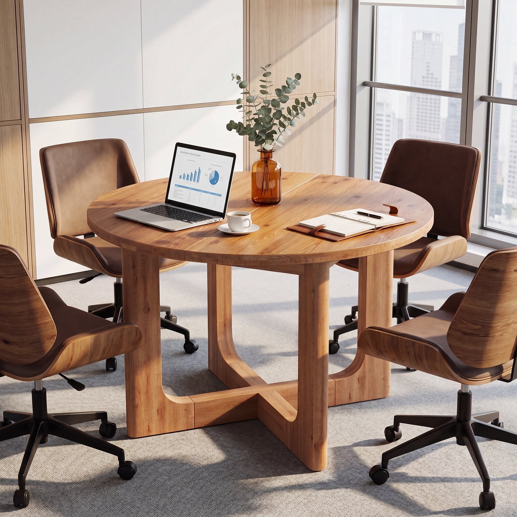 39.4-Inch Round Solid Wood Conference Table with Cross Base, Meeting Table for Office