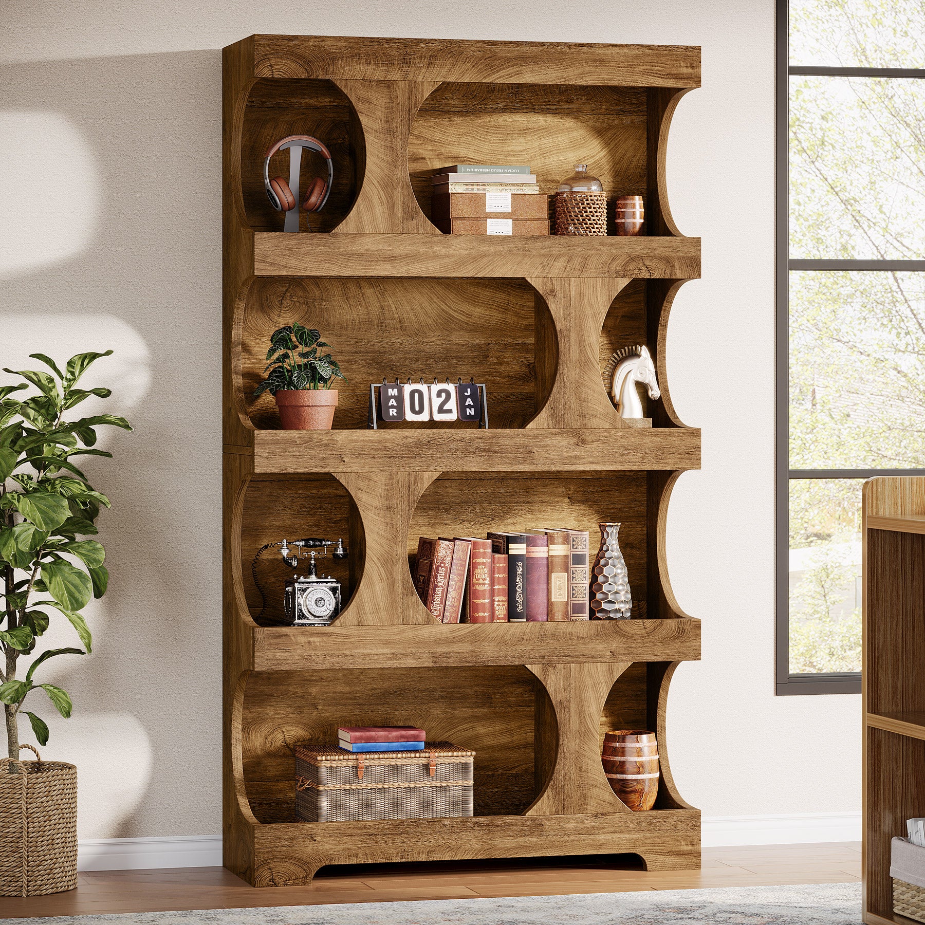 Tribesigns 71-Inch Tall S-Shaped Bookshelf, 4-Tier Wood Display Shelf for Living Room Office