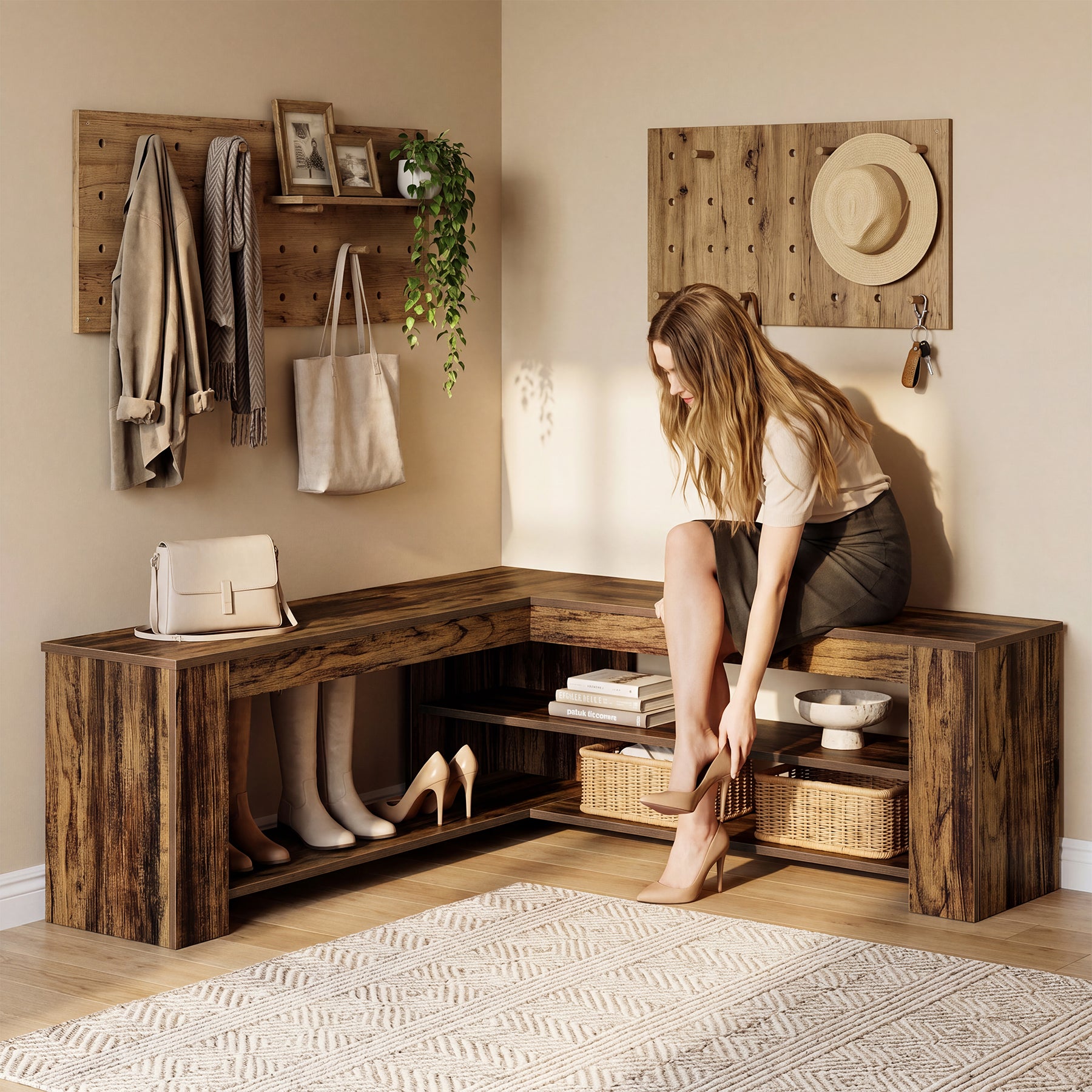 47.24 Inch L Shaped Storage Bench, Corner Entryway Shoe Bench with 2 Tier Rack for Home Foyer
