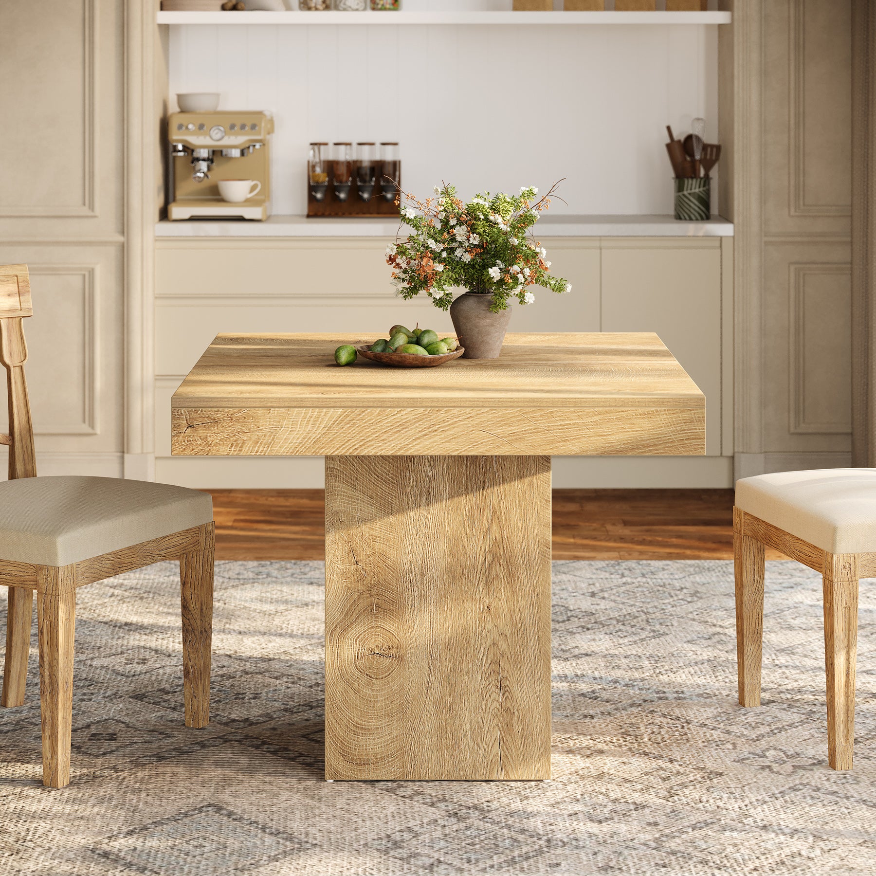 39" Square Farmhouse Dining Table, Solid Wood Kitchen Table with Pedestal Base for 4