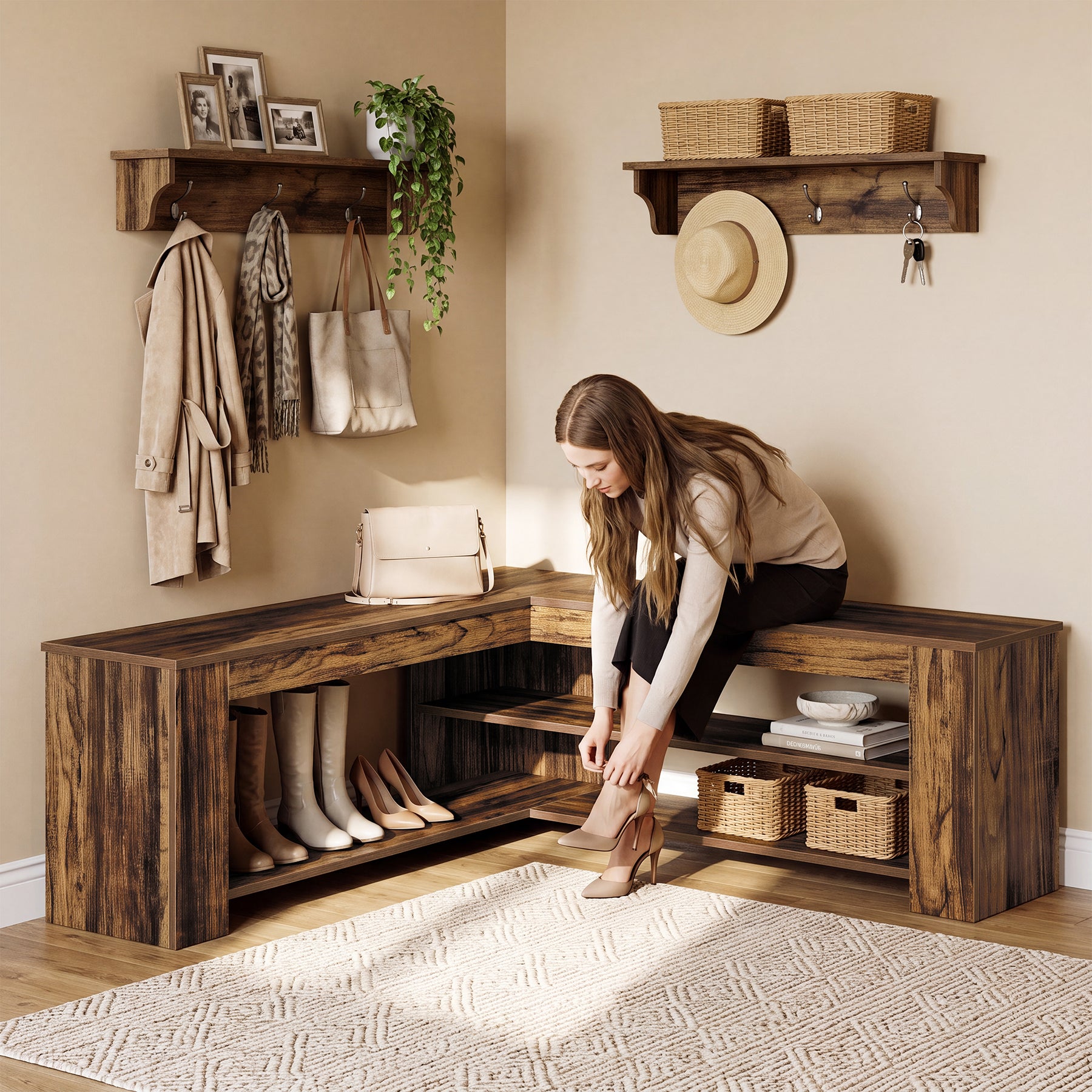 47.24 Inch L Shaped Storage Bench, Corner Entryway Shoe Bench with 2 Tier Rack for Home Foyer