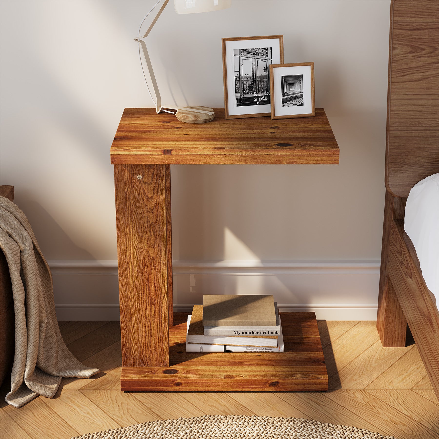Tribesigns 23.6" C-Shaped End Table, Solid Wood 2-Tier Side Table for Sofa and Living Room