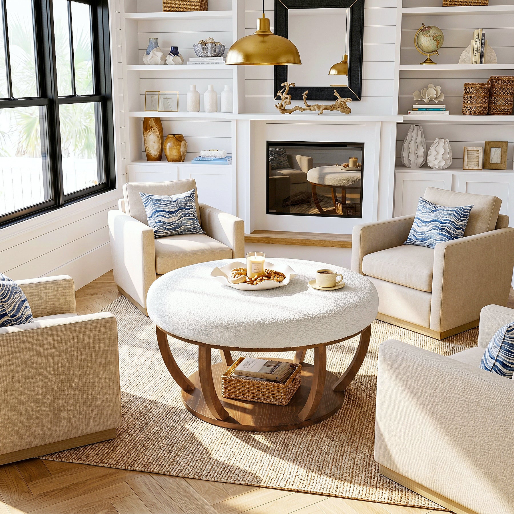 31.5-Inch Round Ottoman Coffee Table, Upholstered Storage Footrest Table