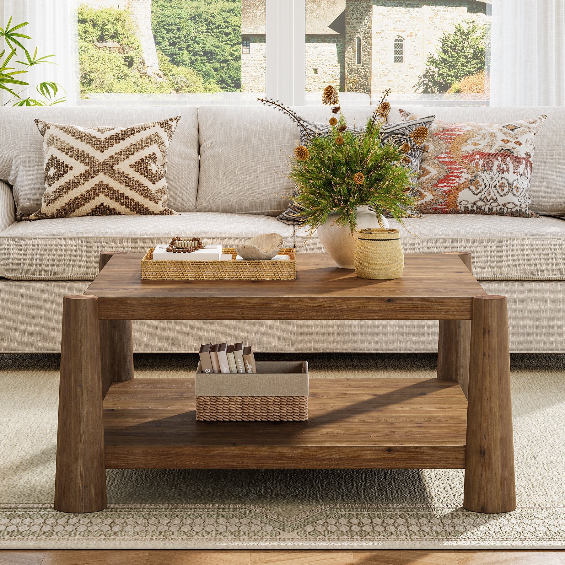 34" Square Solid Wood 2-Tier Coffee Table, Farmhouse Storage Brown