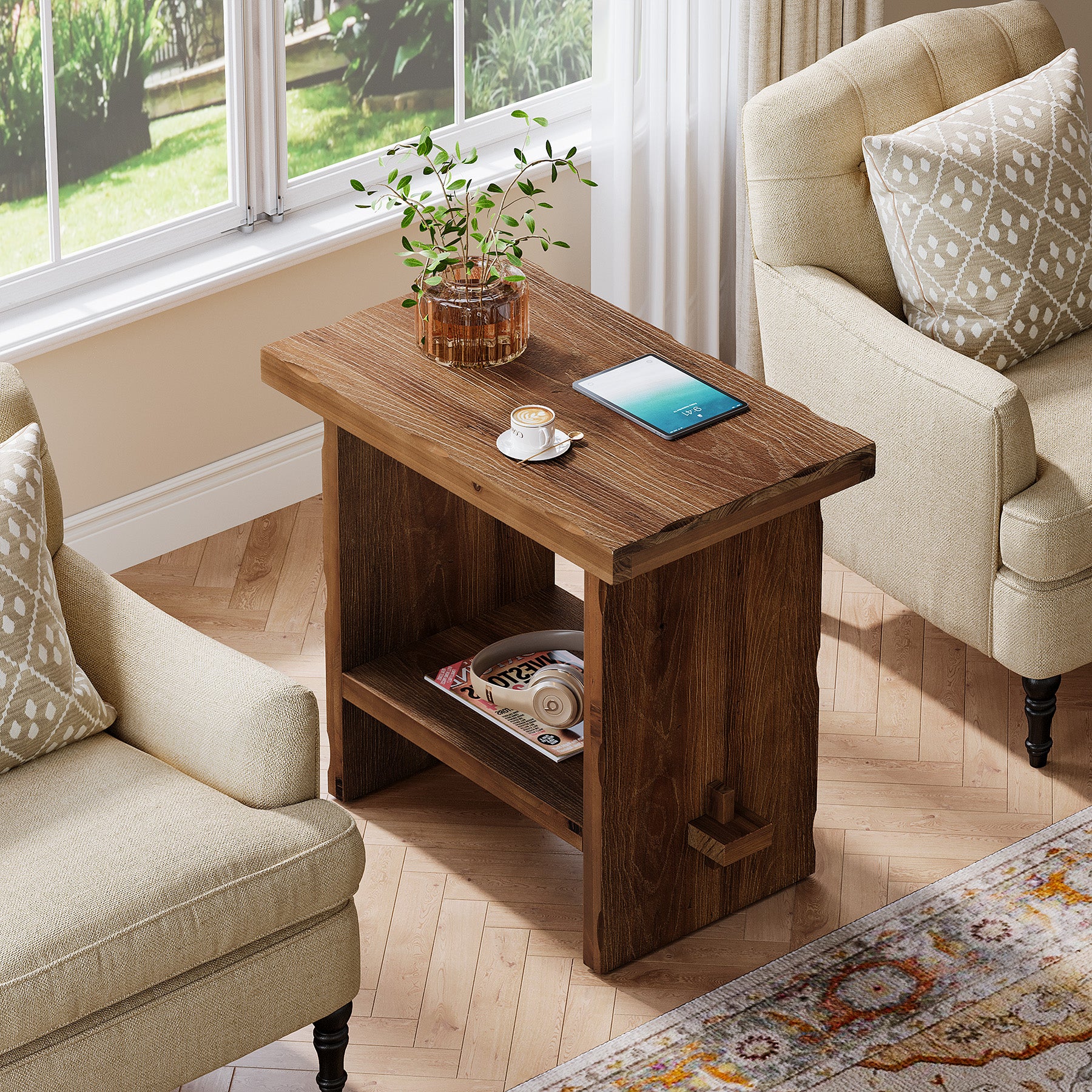 Tribesigns 23.62 Inch Solid Wood Side Table with 2-Tier Storage, Farmhouse End Table for Bedroom