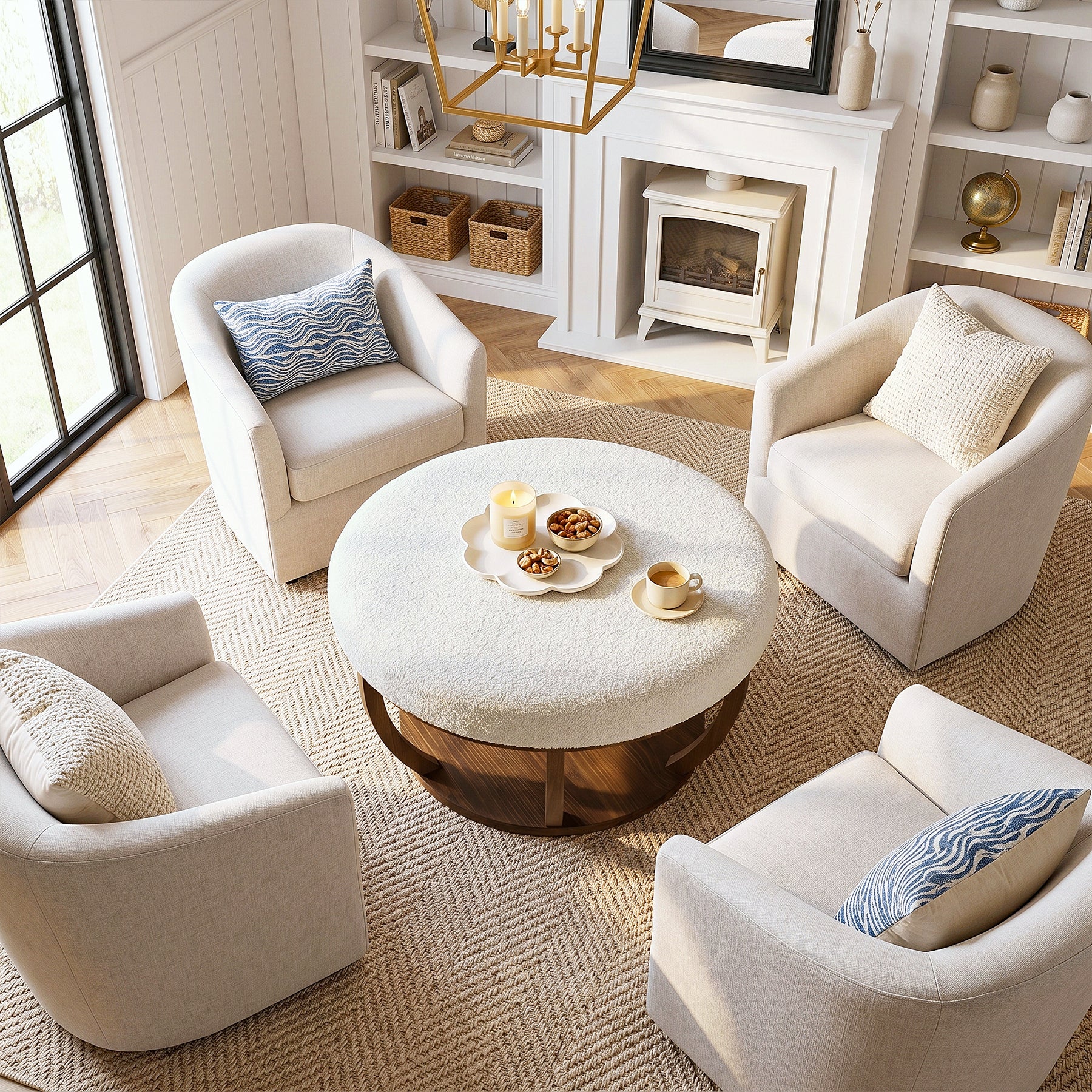 31.5-Inch Round Ottoman Coffee Table, Upholstered Storage Footrest Table