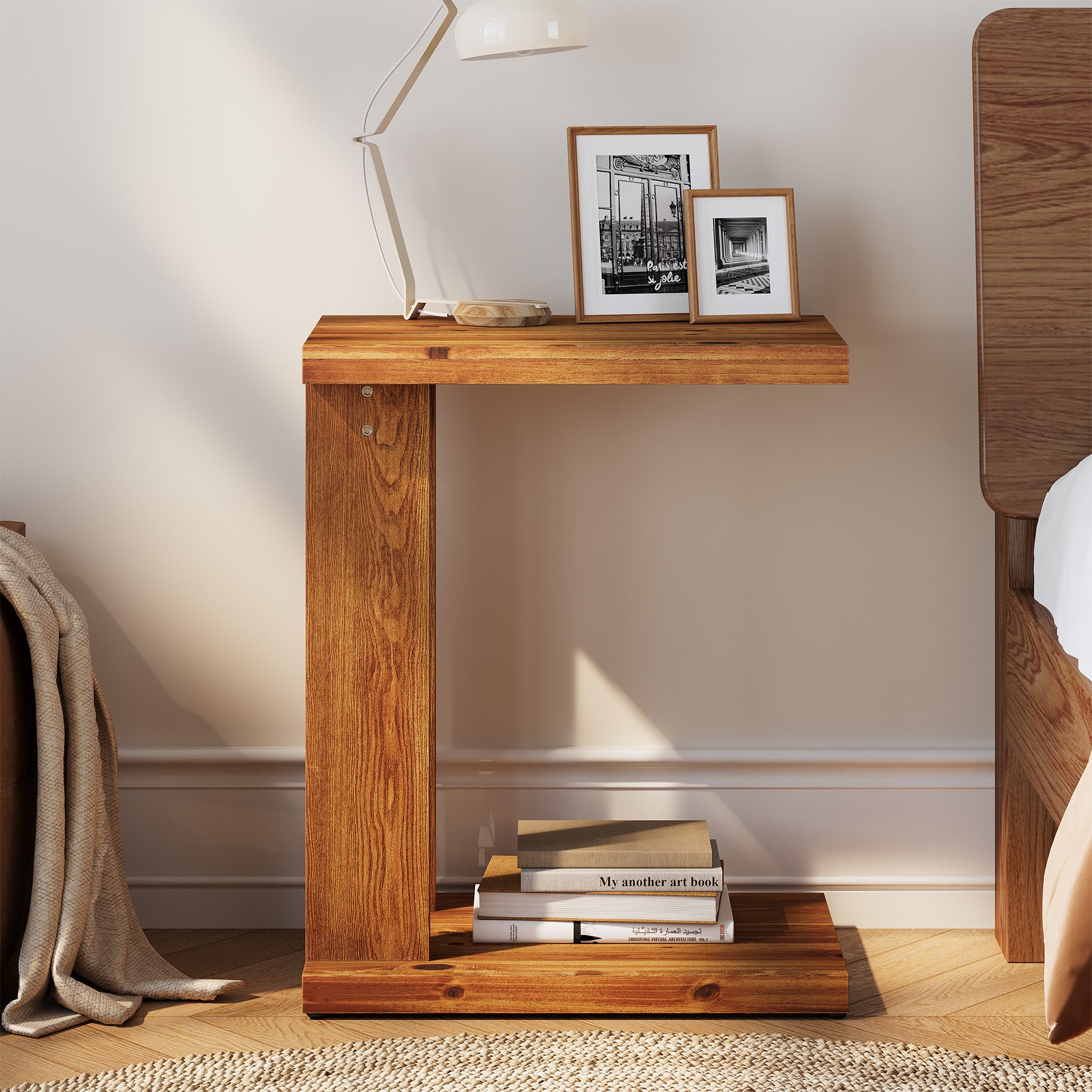 Tribesigns 23.6" C-Shaped End Table, Solid Wood 2-Tier Side Table for Sofa and Living Room