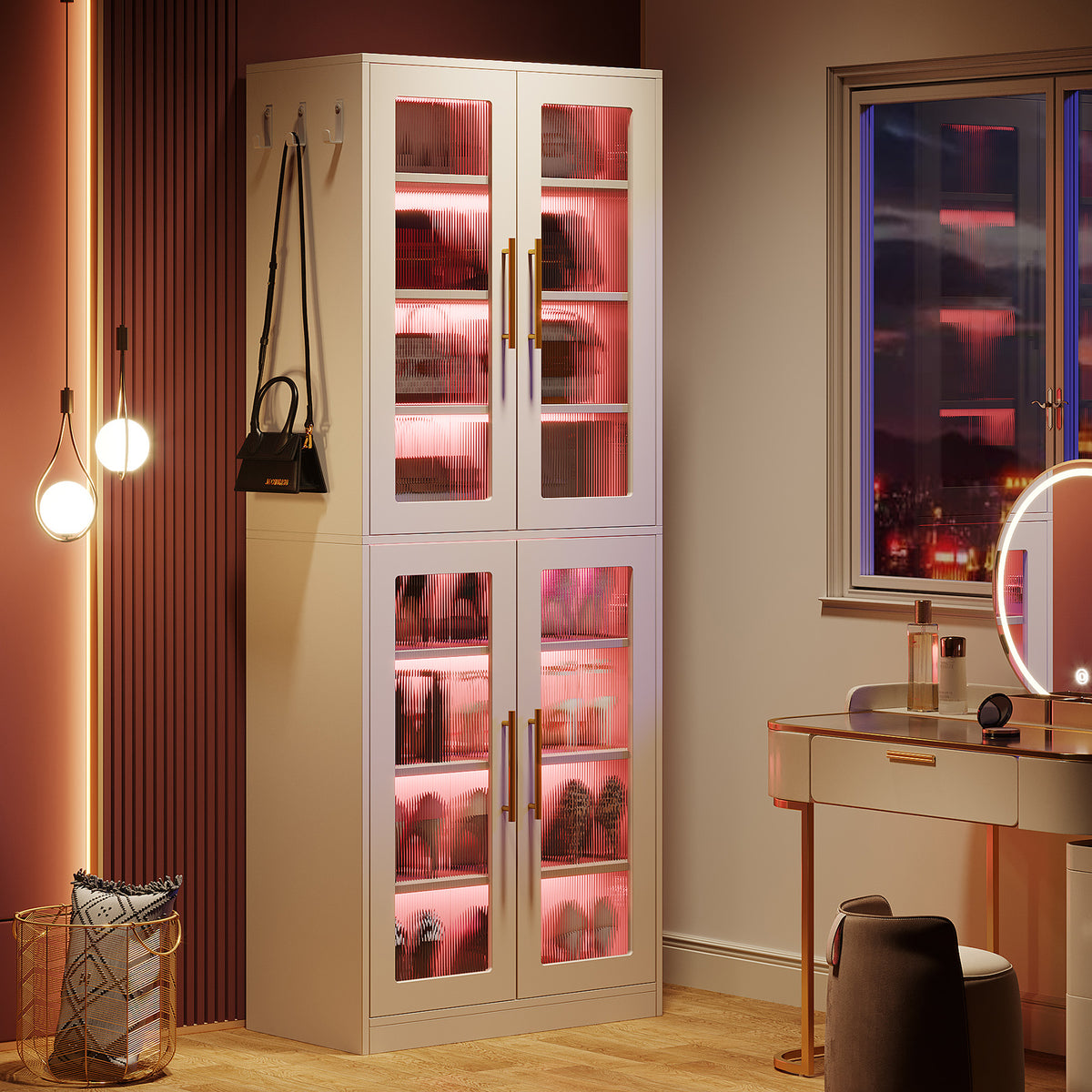 8-Tier Shoe Storage Cabinet with LED Lights and Acrylic Doors, Tall Entryway Shoe Organizer for Closet