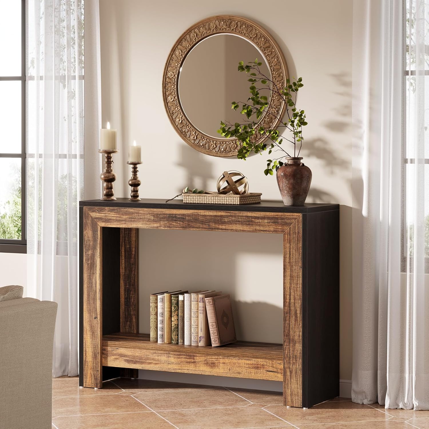 41.3" Farmhouse Console Table Sofa Table w/Open Shelves for Living Room