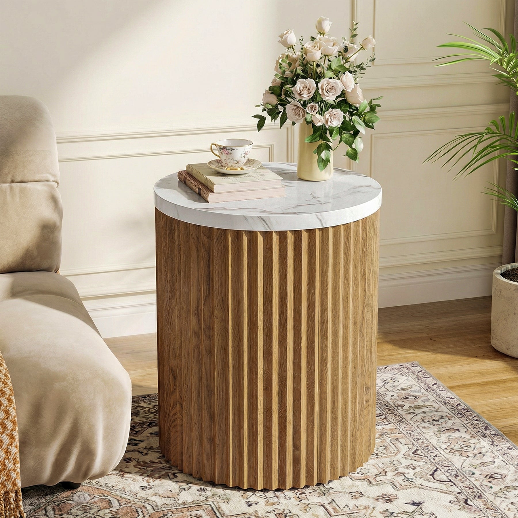 Tribesigns 17.72" Round Side Table, Faux Marble End Table with Fluted Base for Living Room