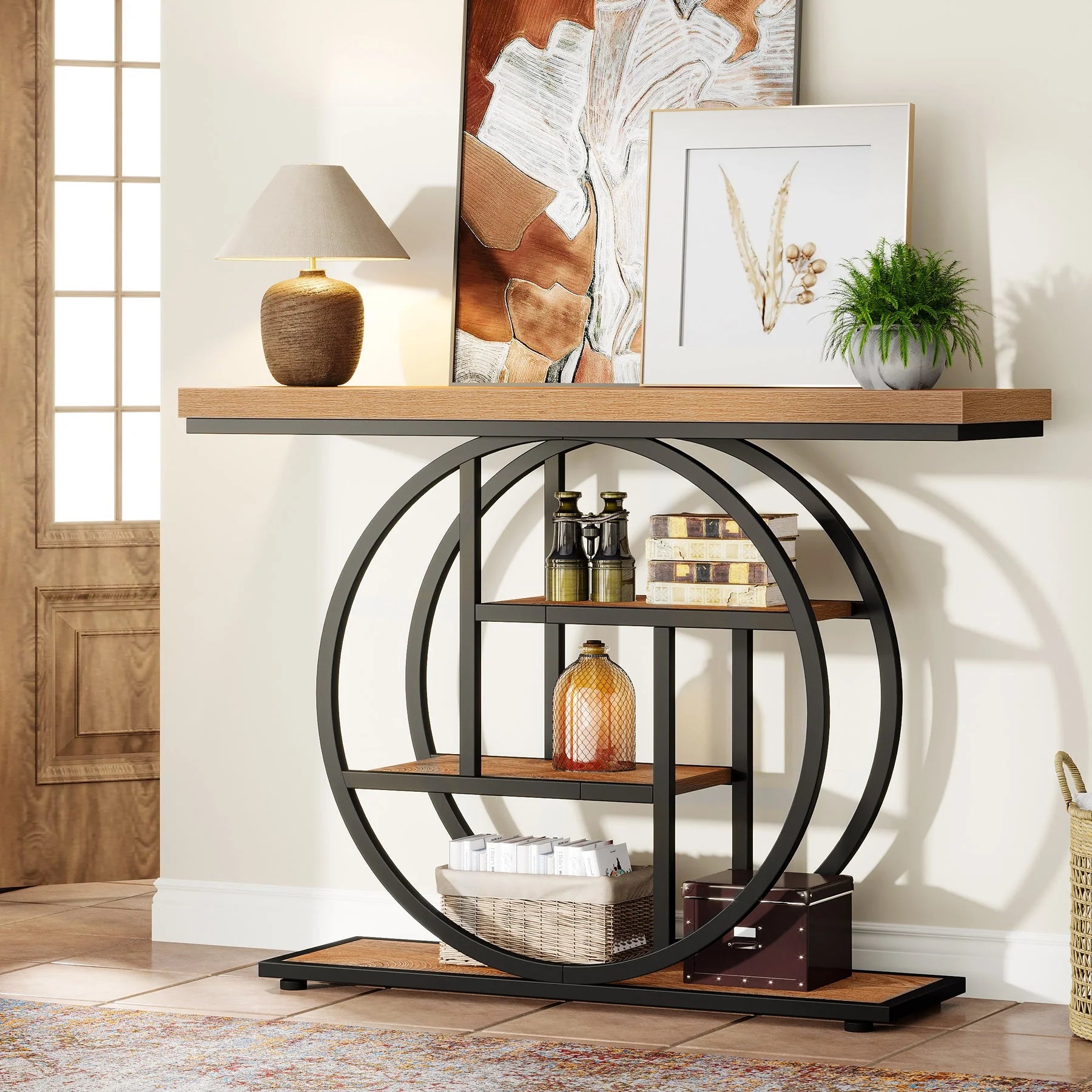 41.3" Console Table, Industrial 4-Tier Sofa Entryway Table with Circle Base
