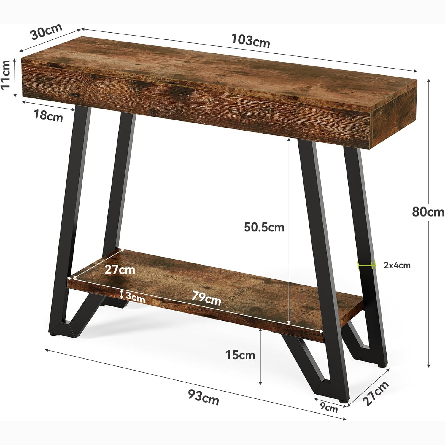 41" Rustic Industrial Console Table with Metal Frame, 2-Tier Storage Shelf for Entryway & Living Room