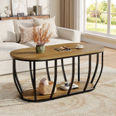 Tribesigns 47.2-Inch Oval Industrial Coffee Table, 2-Tier Wooden Center Table with Curved Metal Base 3