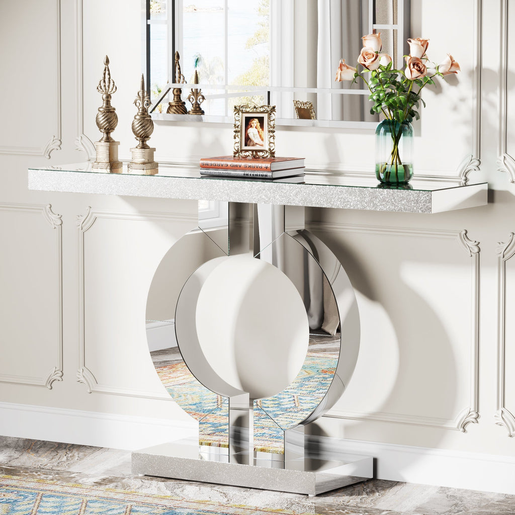 43" Mirrored Console Table Modern Sofa Table O Shaped Base
