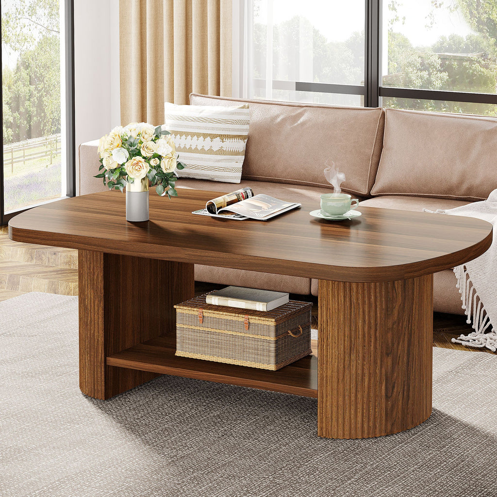 45.3 Inch Oval Coffee Table Double Fluted Pedestal Base Storage Shelf