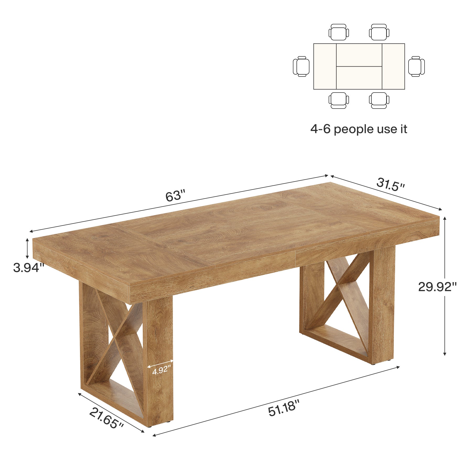 63 Inch Dining Table for 4 People, Farmhouse Kitchen Table with Thick Top for Dining Room Living Room