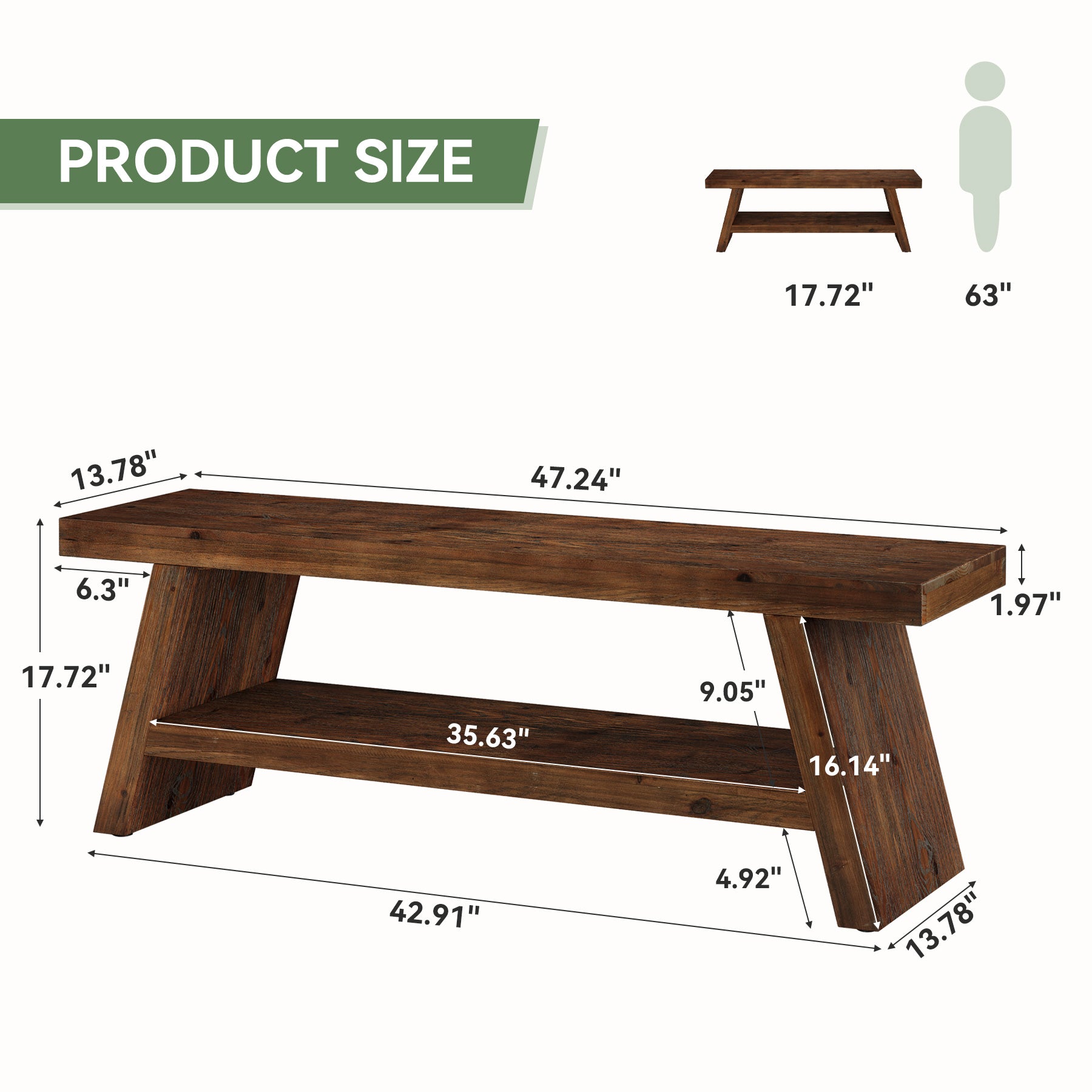 Tribesigns 47-Inch 2-Tier Wooden Storage Bench, Open Shelving Hallway Seat with Solid Fir Frame for Living Room