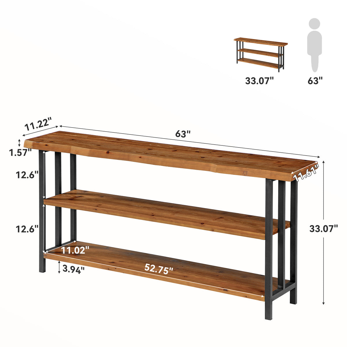 Tribesigns 63 Inch Solid Wood Live Edge Console Table with 3-Tier Shelves, Rustic Hallway Sofa Table