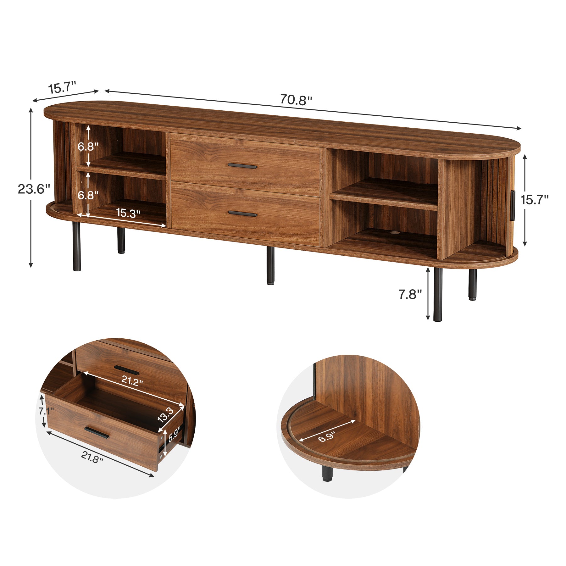 70-Inch TV Stand with Sliding Tambour Door, Mid-Century Media Console for 75-Inch TVs
