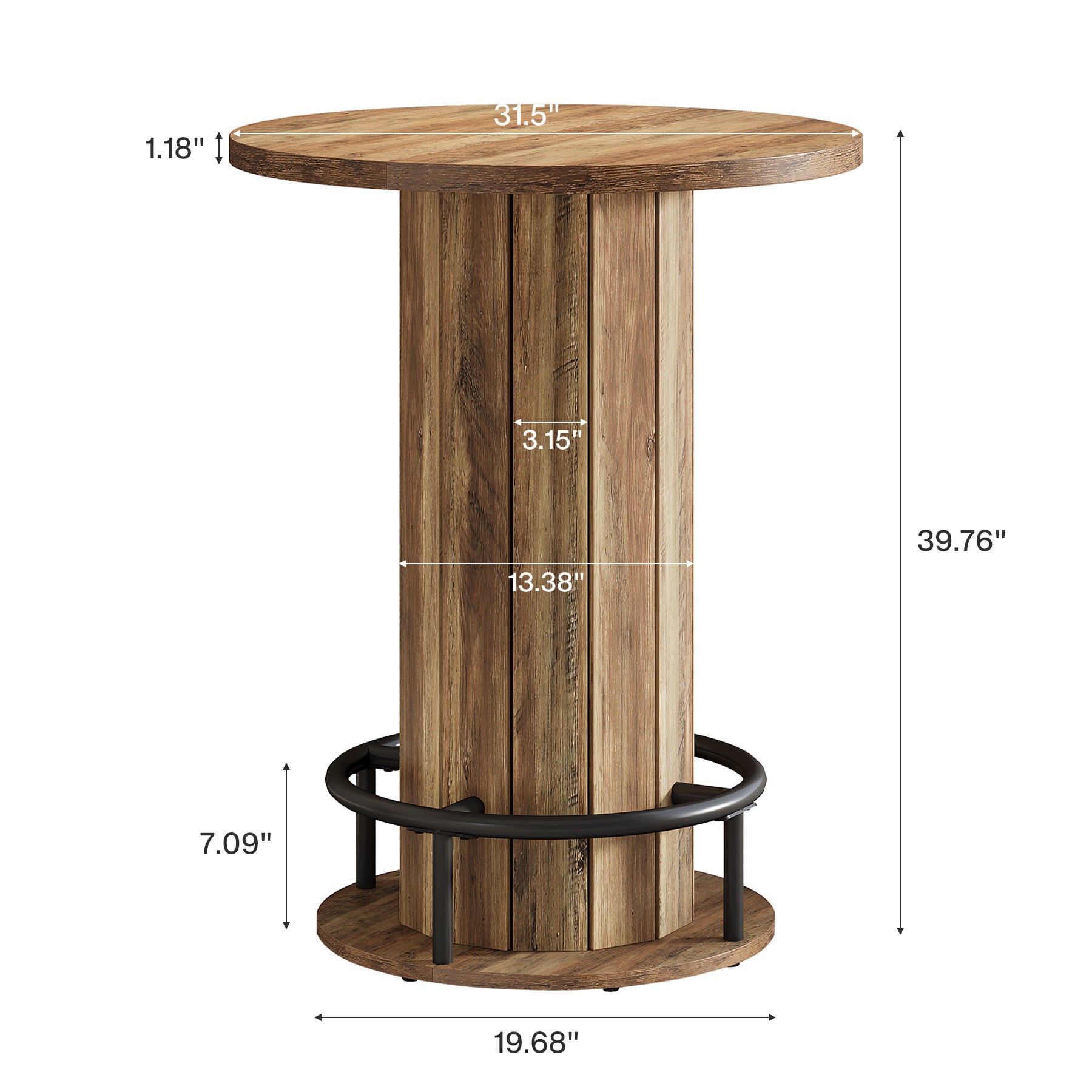 39.4" Round Wood Bar Table, Metal Ring Footrest for Dining & Living