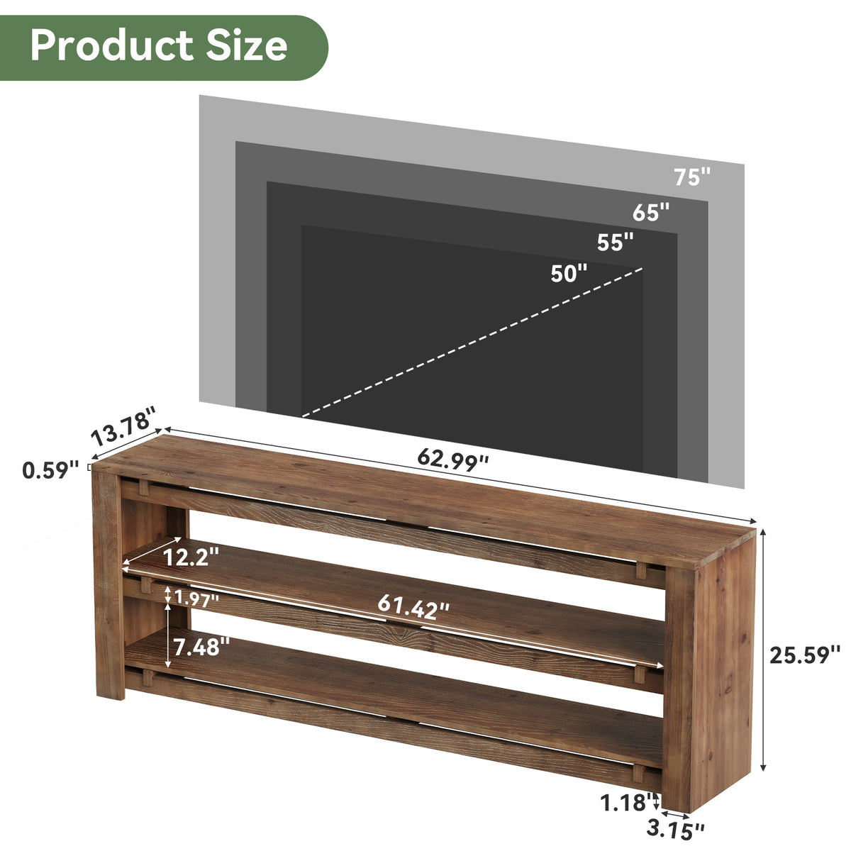 Tribesigns 63" Solid Wood TV Stand with 3-Tier Open Storage, Rustic Media Console for 75" TVs
