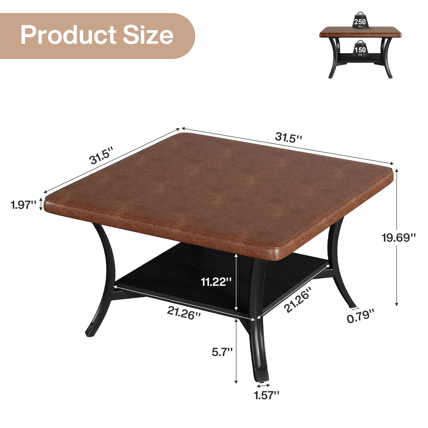 31.5-Inch Square Coffee Table, Upholstered Ottoman with PU Leather Top for Living Room