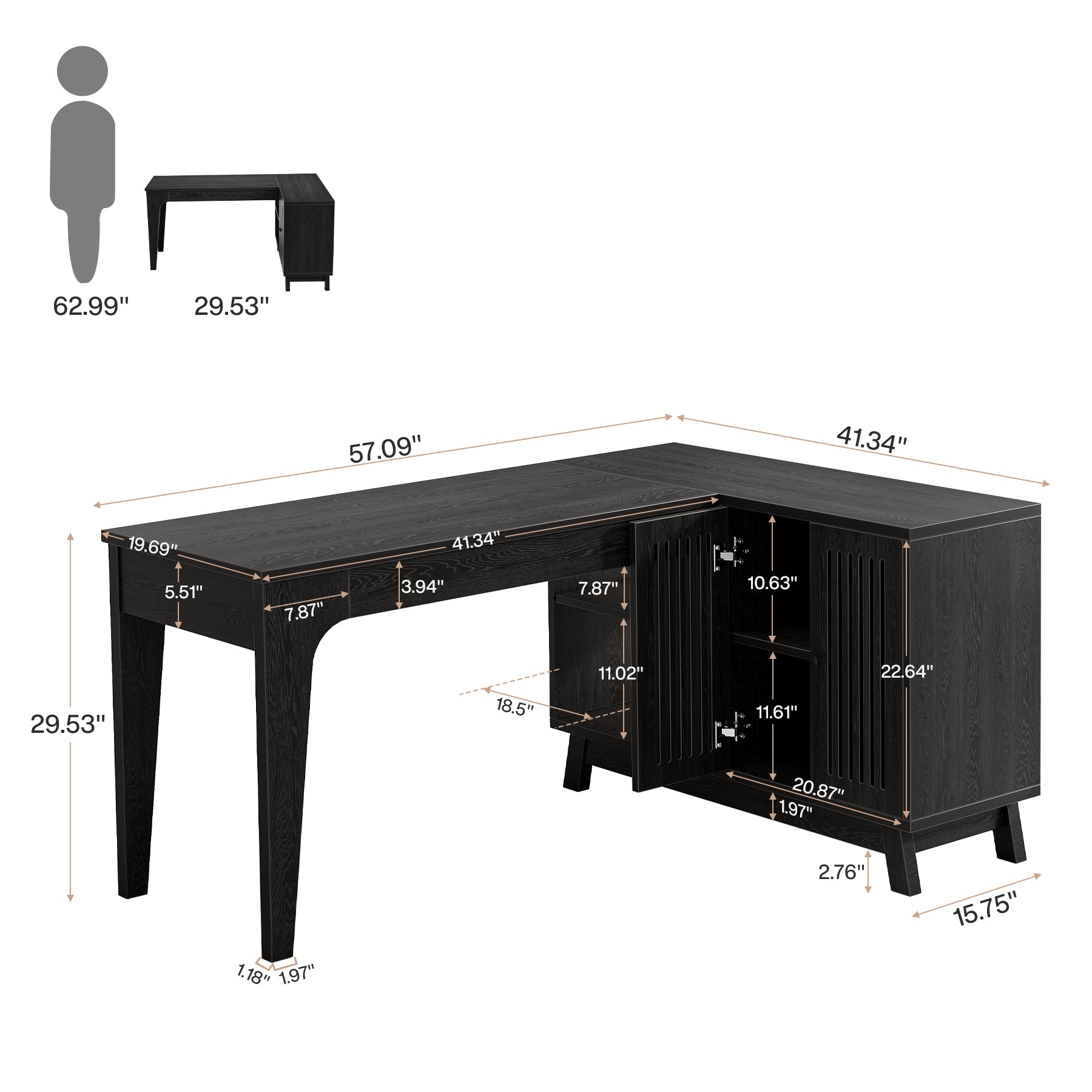 57-Inch L-Shaped Corner Desk with Storage Cabinet, Wood Home Office Workstation and Study Writing Table
