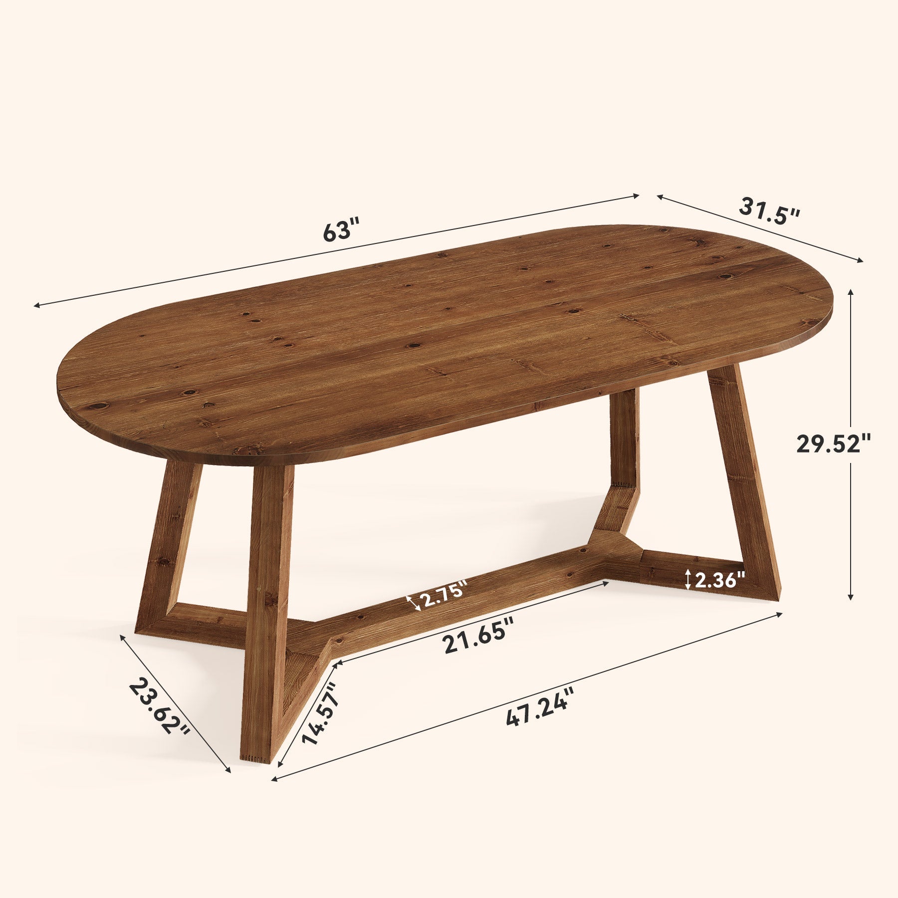 63" Solid Wood Office Desk, Oval Executive Desk with Tapered Legs