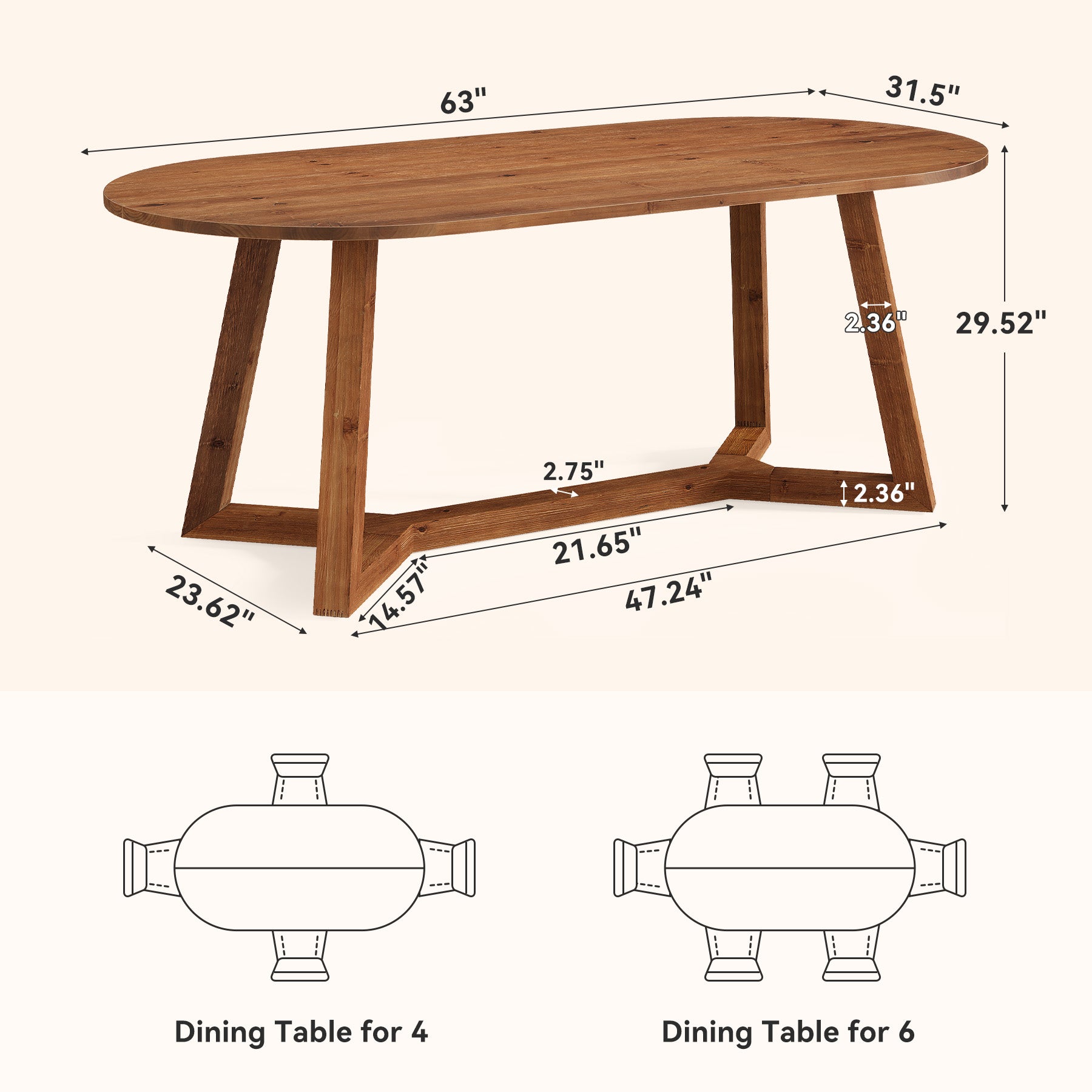 63" Oval Solid Wood Dining Table for 4-6, Farmhouse Kitchen Table with Sturdy Tapered Legs