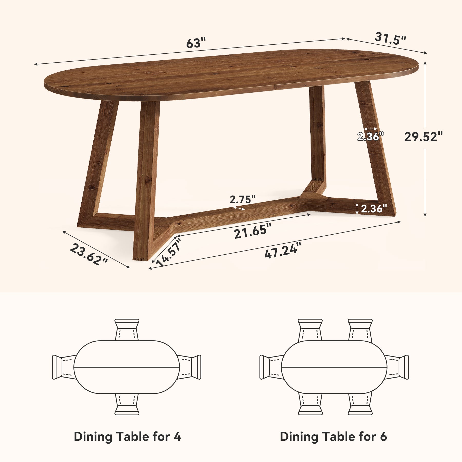 63" Oval Solid Wood Dining Table for 4-6, Farmhouse Kitchen Table with Sturdy Tapered Legs